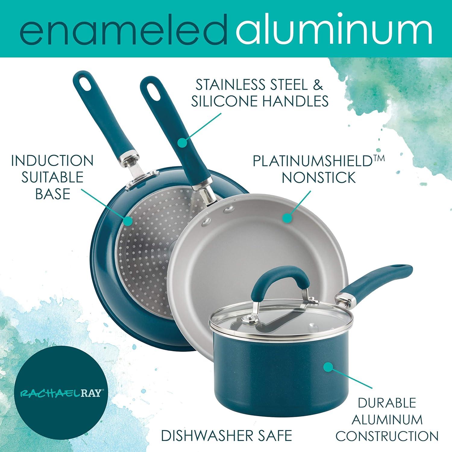 Rachael Ray Create Delicious Aluminum Nonstick Cookware Set, 13-Piece, Teal Shimmer