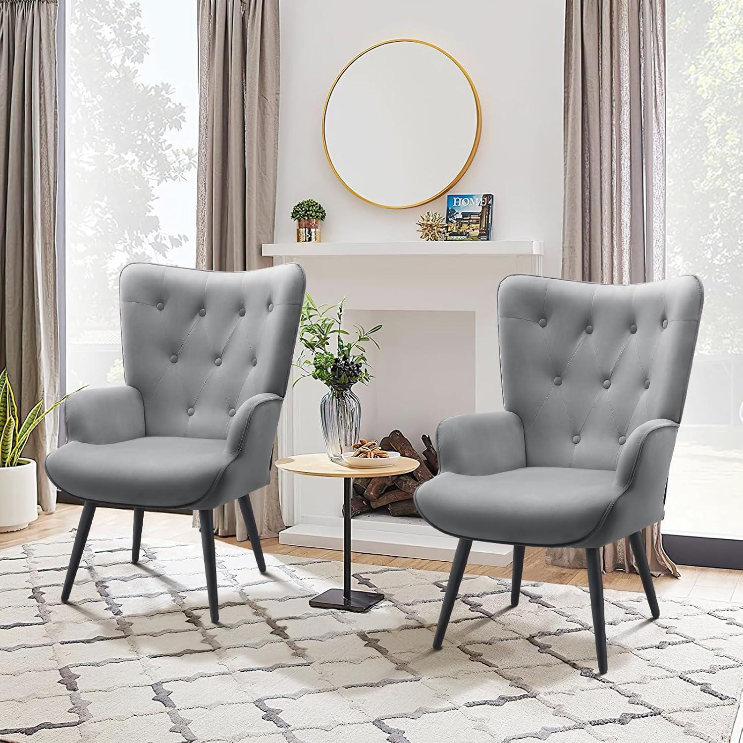 Gray Velvet Wingback Accent Chair with Metal Legs