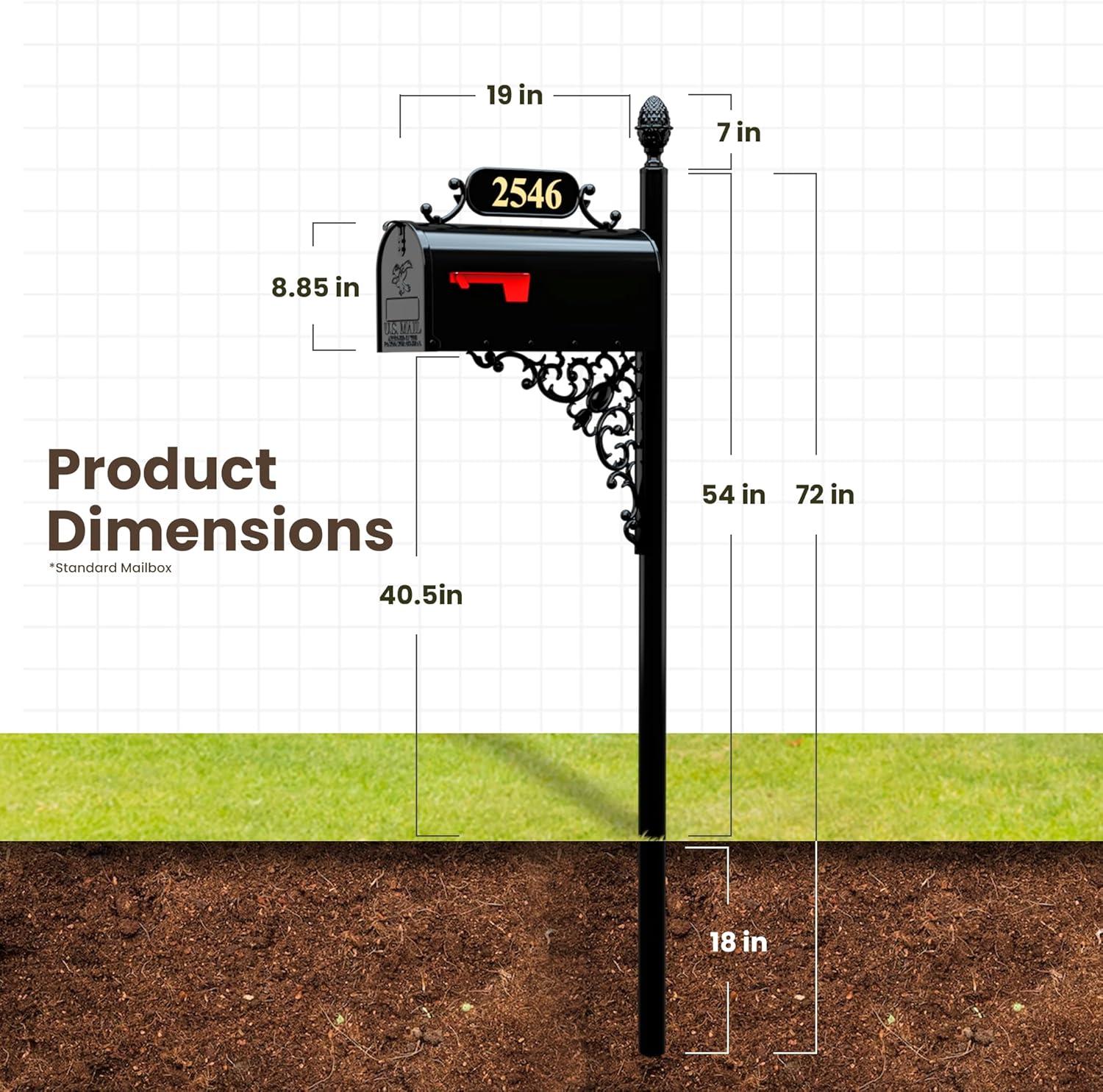 Large Mailbox & Post Combo – Black Mailbox System – Includes Address Plaque & Mounting Hardware – Rust Resistant Metal Mailbox with Pineapple Finial