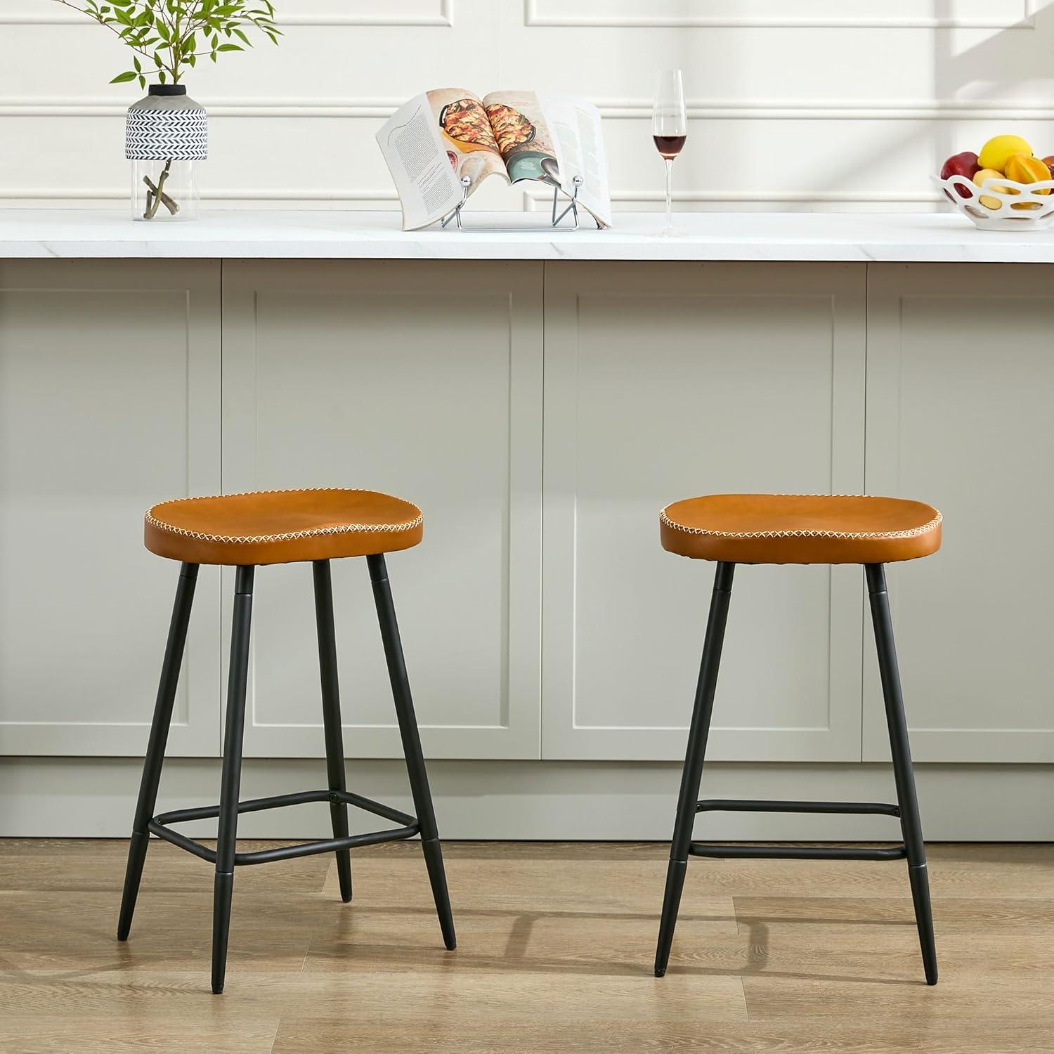 Adjustable Brown Faux Leather Saddle Bar Stools with Metal Legs