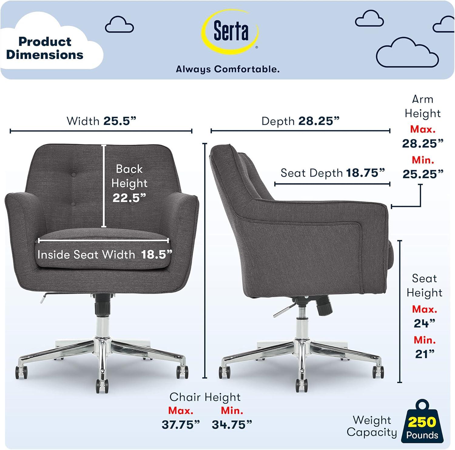 Serta Ashland Modern Office Chair, Mid-Back, Quality Memory Foam Cushion, Metal Base Chrome Finish