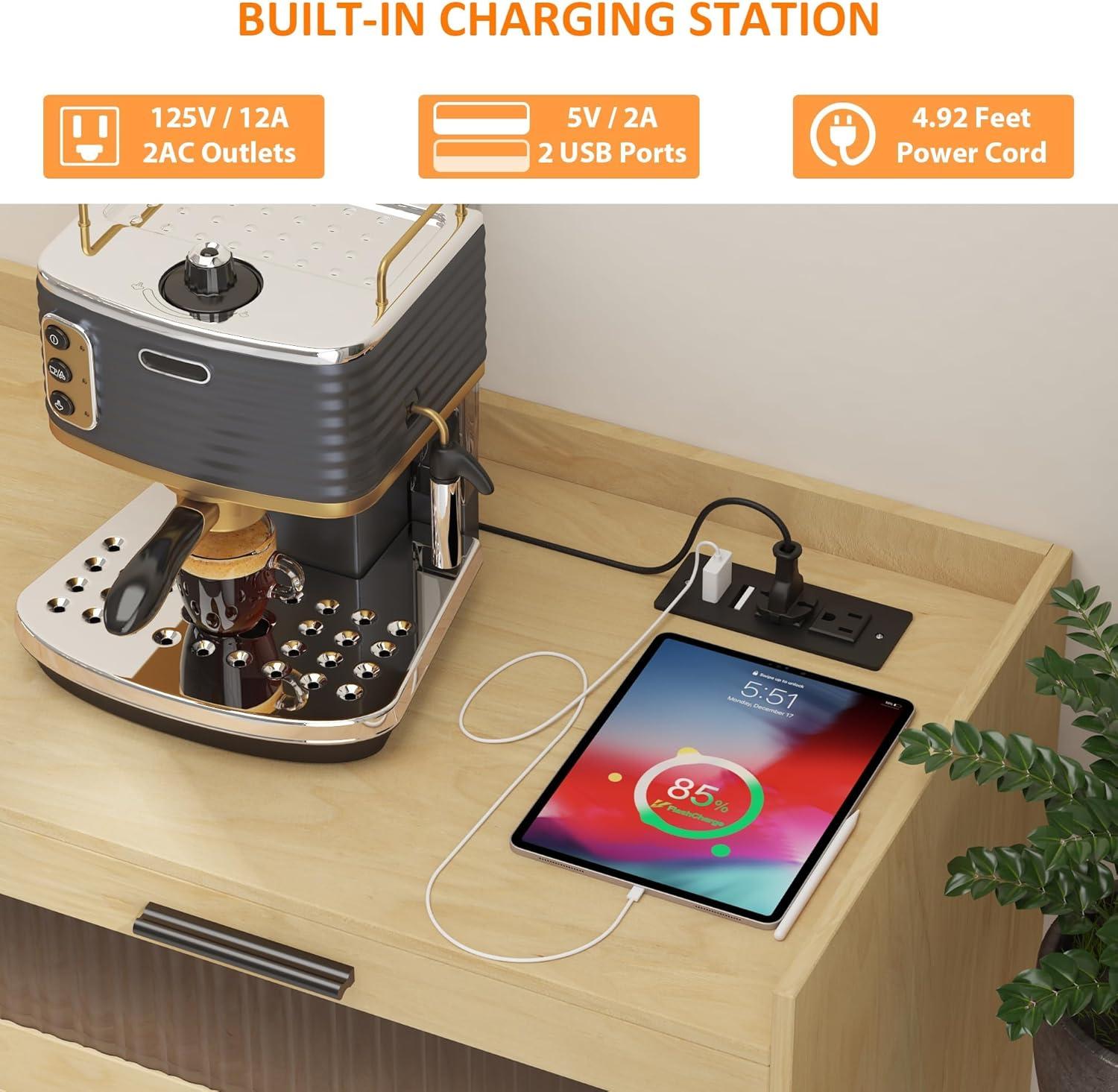 Garvee Sideboard Buffet Cabinet with Power Outlet & LED Light - Kitchen Storage Cabinet with 2 Fluted Acrylic Drawers & 4 Rattan Doors, Pink