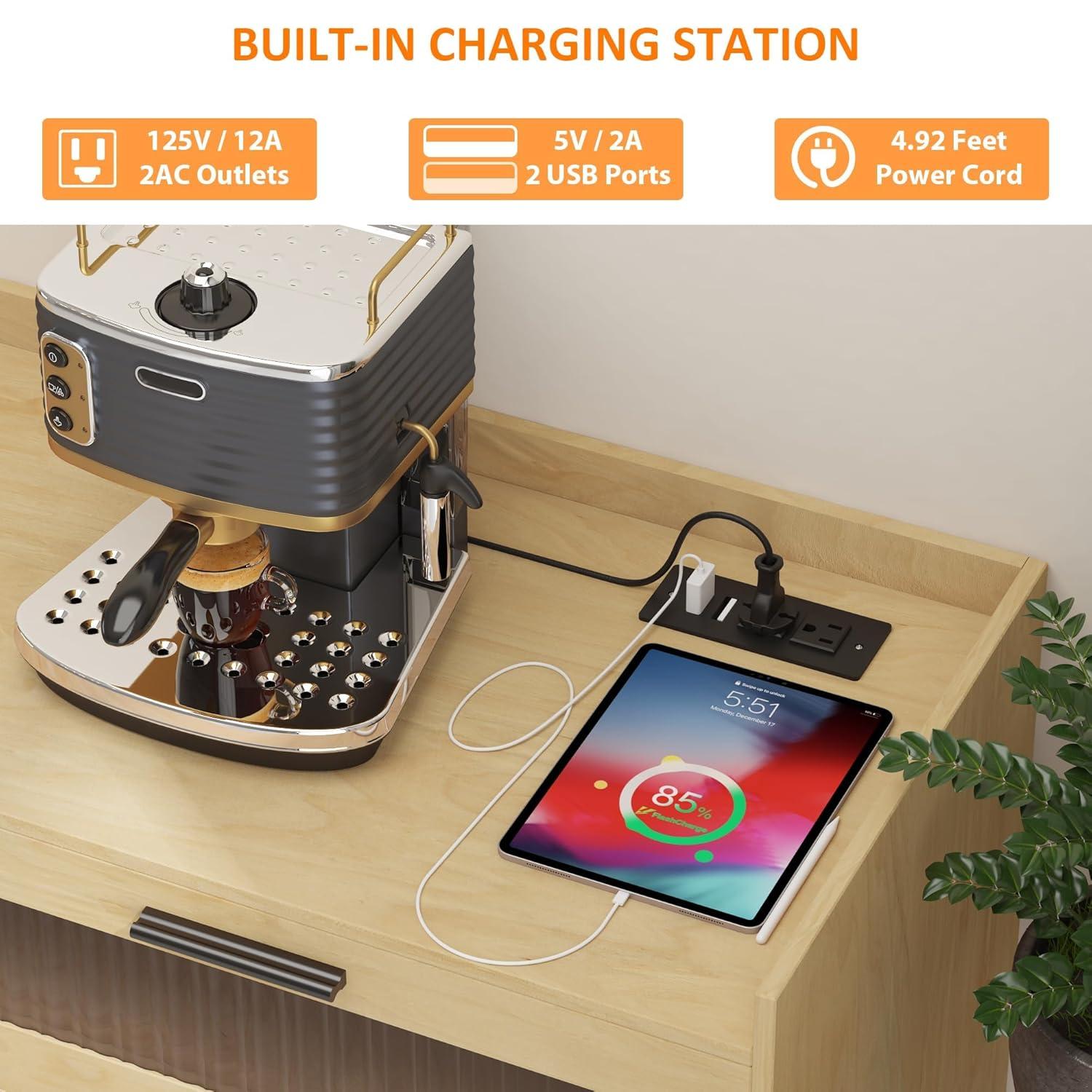 Garvee Sideboard Buffet Cabinet with Power Outlet & LED Light - Kitchen Storage Cabinet with 2 Fluted Acrylic Drawers & 4 Rattan Doors, Pink