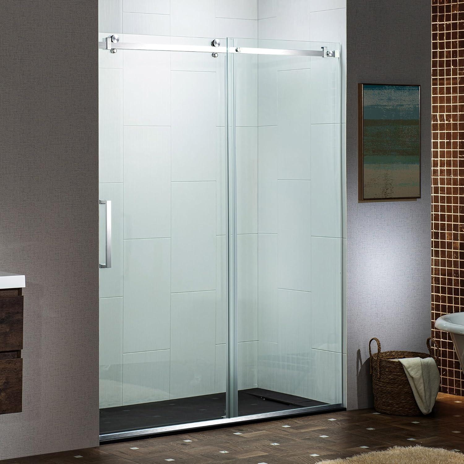 WoodBridge Semi-Frameless Single Sliding Shower Doors, 56-60" W X 76" H With 5/16" Clear Tempered Glass And Explosion-Proof Film MSDF6076-C