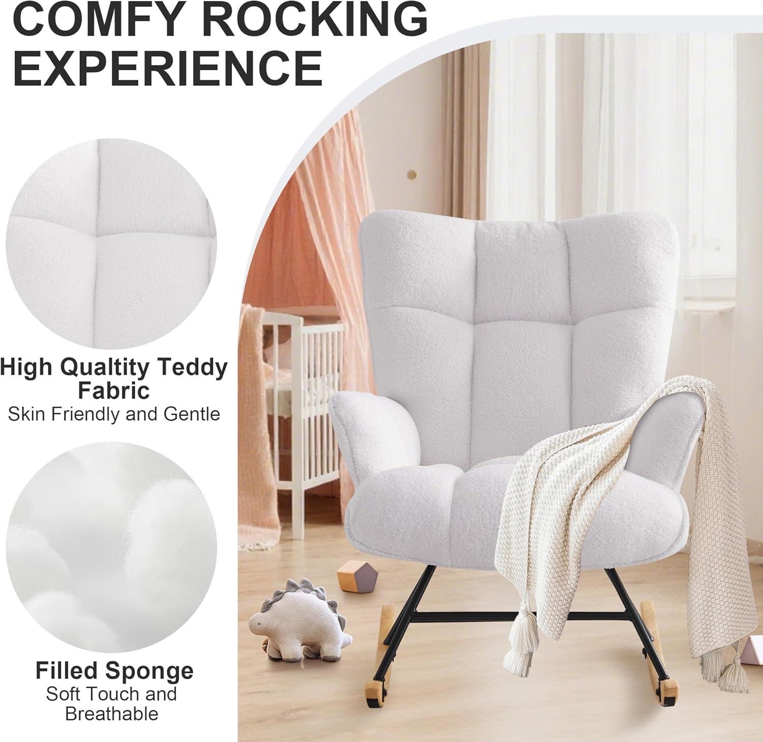 Nursery Rocking Chair Teddy, Upholstered Glider Rocker with High Backrest, Comfortable Stylish Accent Armchair with Padded Seat for Living Rooms, Bedrooms, Offices