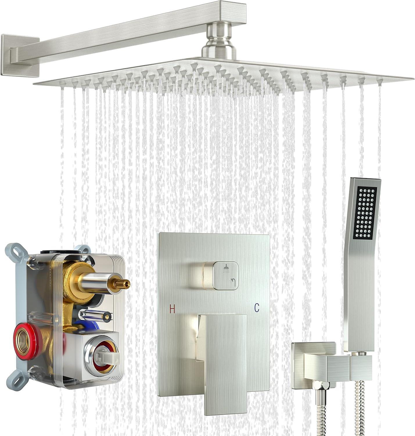 Brushed Nickel Square Rain Shower System with Handheld