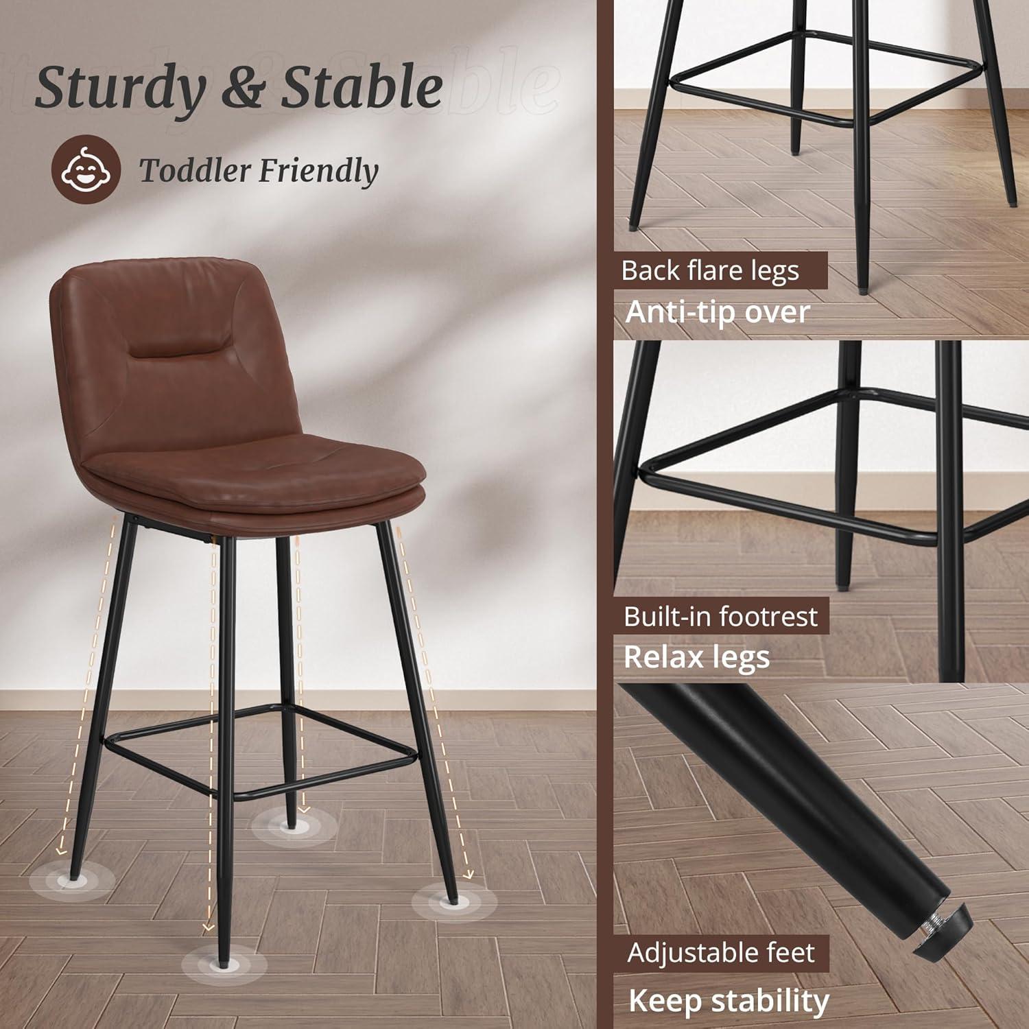 26 Inch Dark Brown Faux Leather Counter Height Bar Stools with Metal Frame, Set of 3