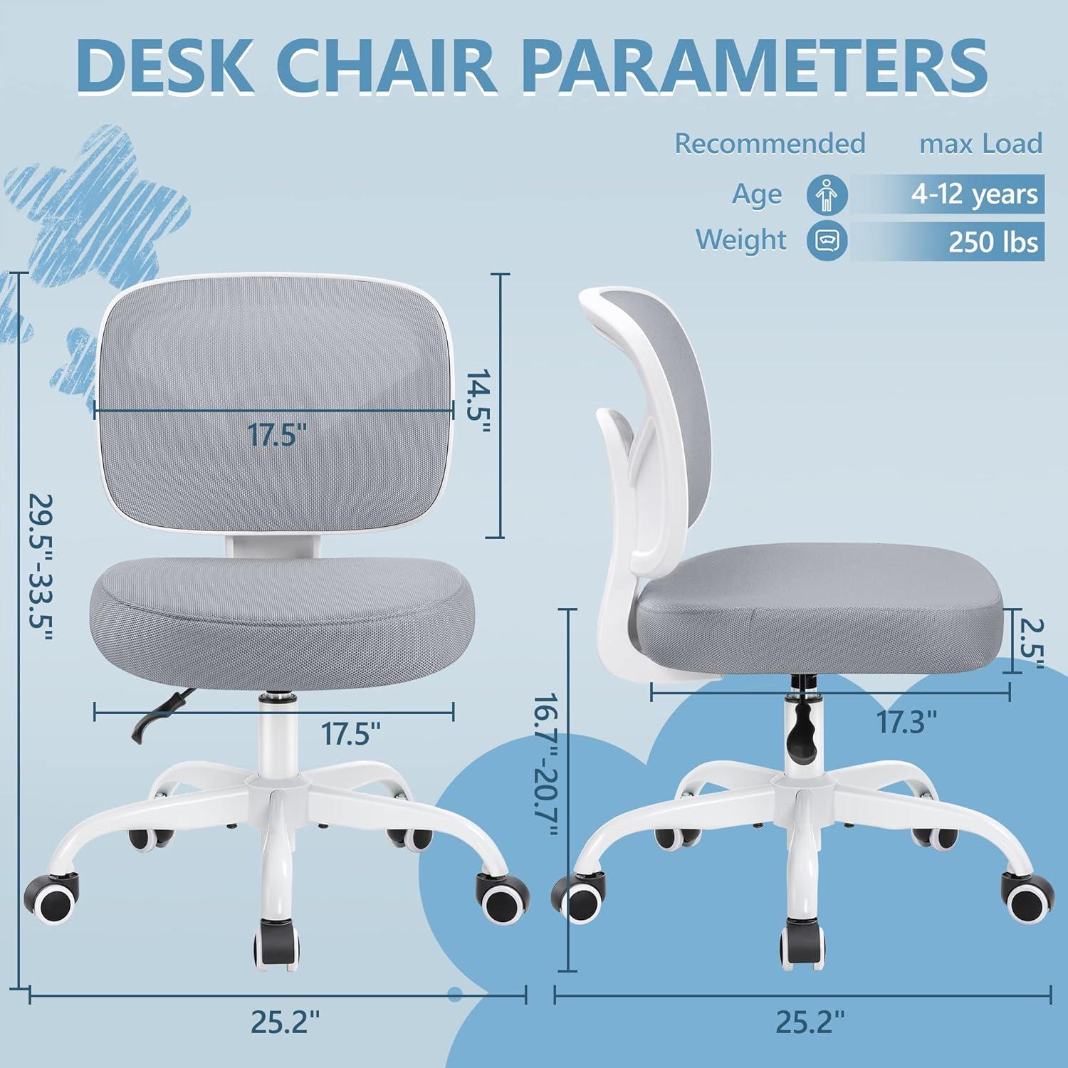 Gray Ergonomic Mesh Armless Kids Swivel Task Chair