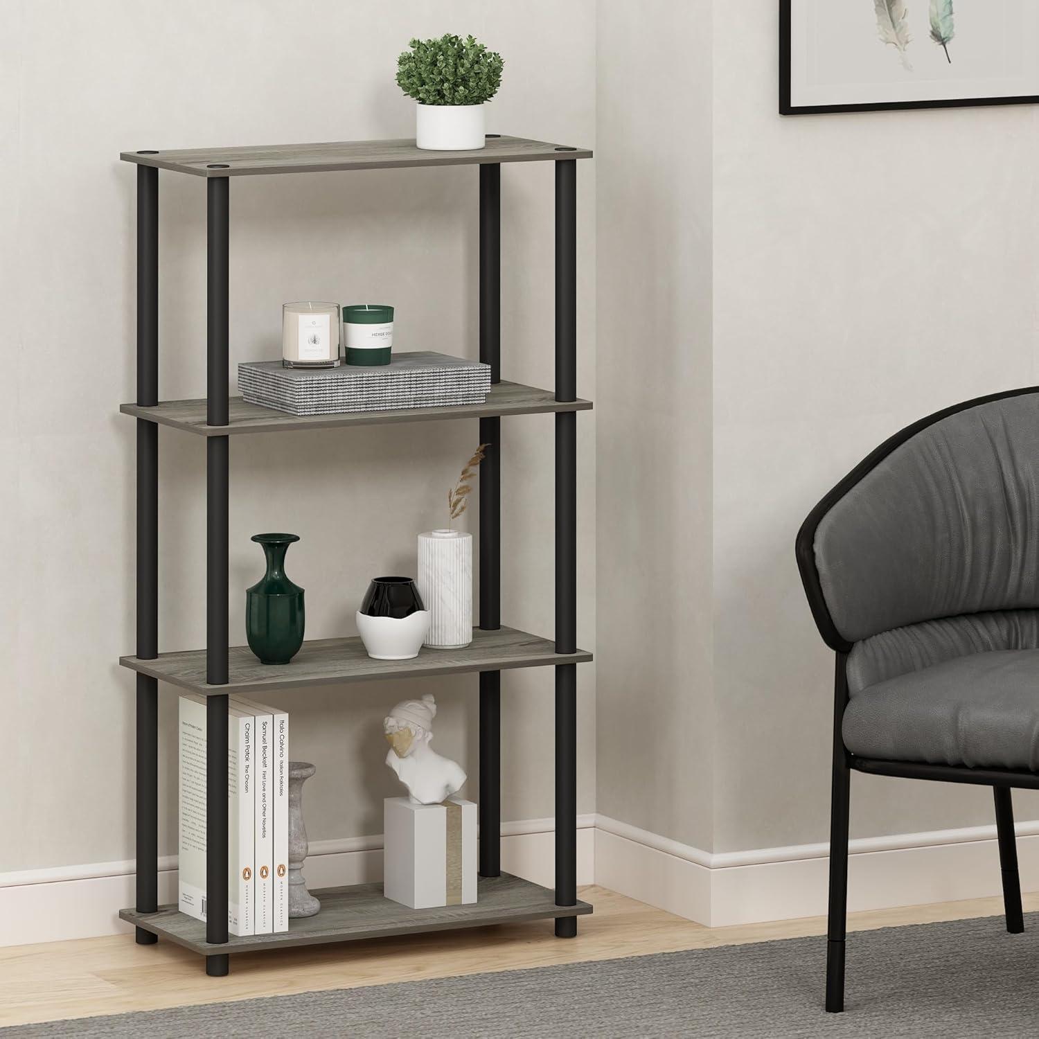Furinno 18028GYW-BK Turn-S-Tube 4-Tier Multipurpose Shelf Display Rack with Square Tube - French Oak Grey & Black