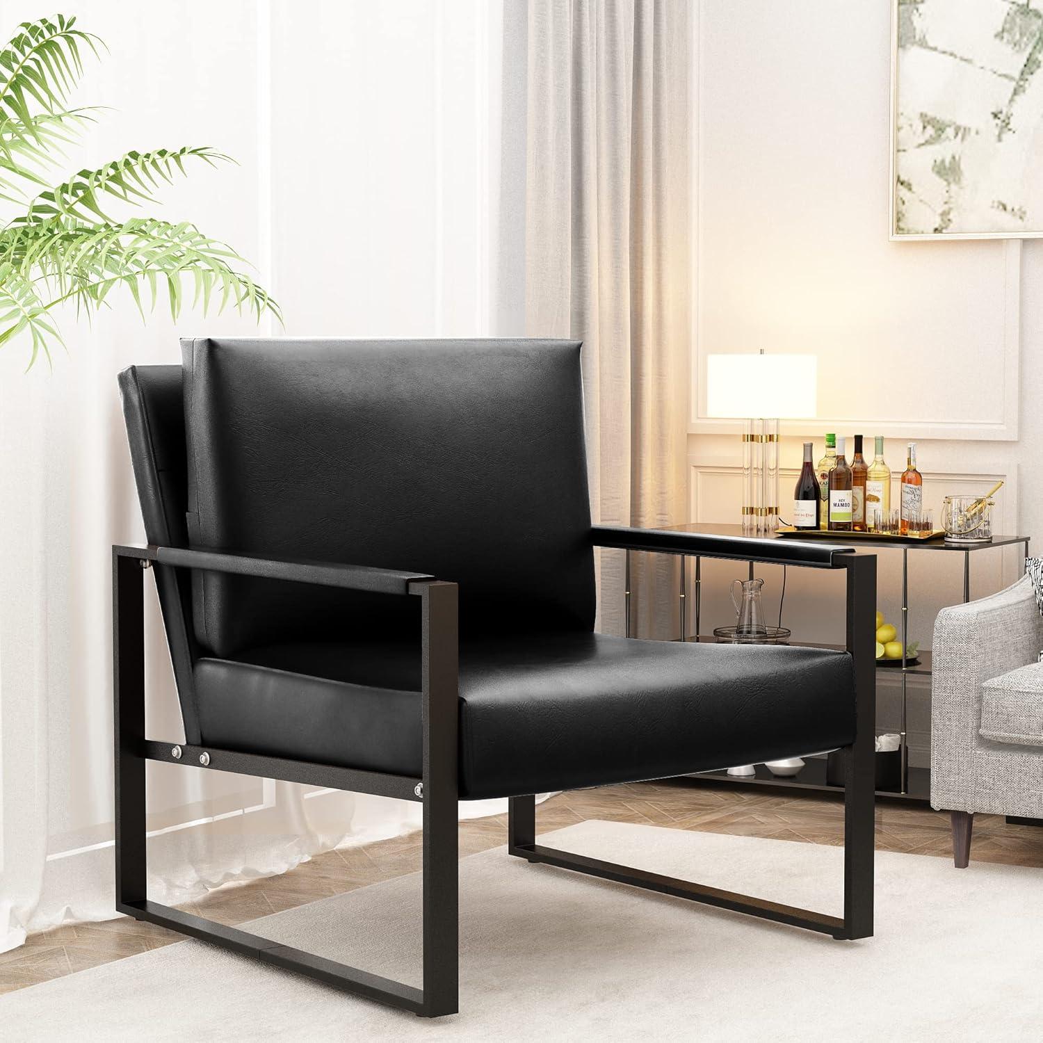 Modern Black Faux Leather Metal Frame Accent Recliner Chair