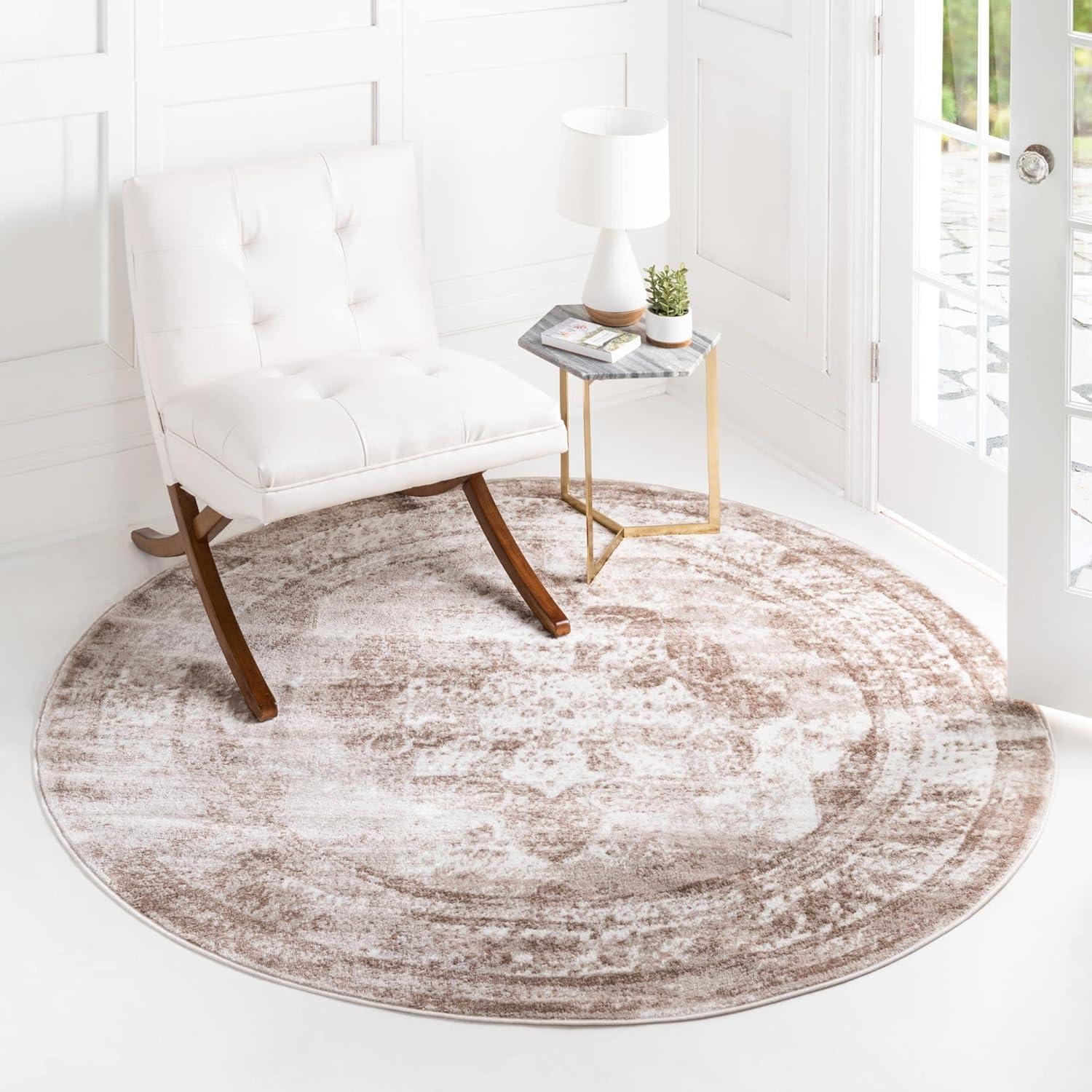 Rugs.com Monte Carlo Collection Rug – 5' Round Beige Medium Rug Perfect for Kitchens, Dining Rooms