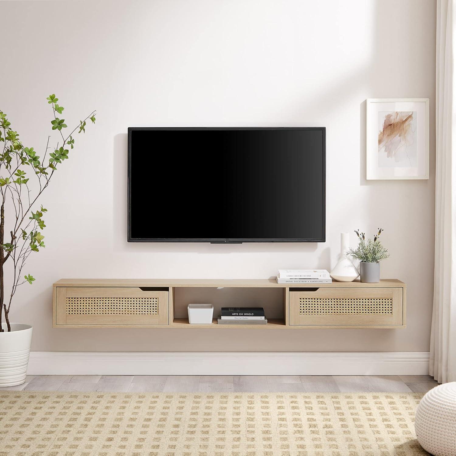 Coastal Oak 70" Floating TV Stand with Rattan Cabinet Doors