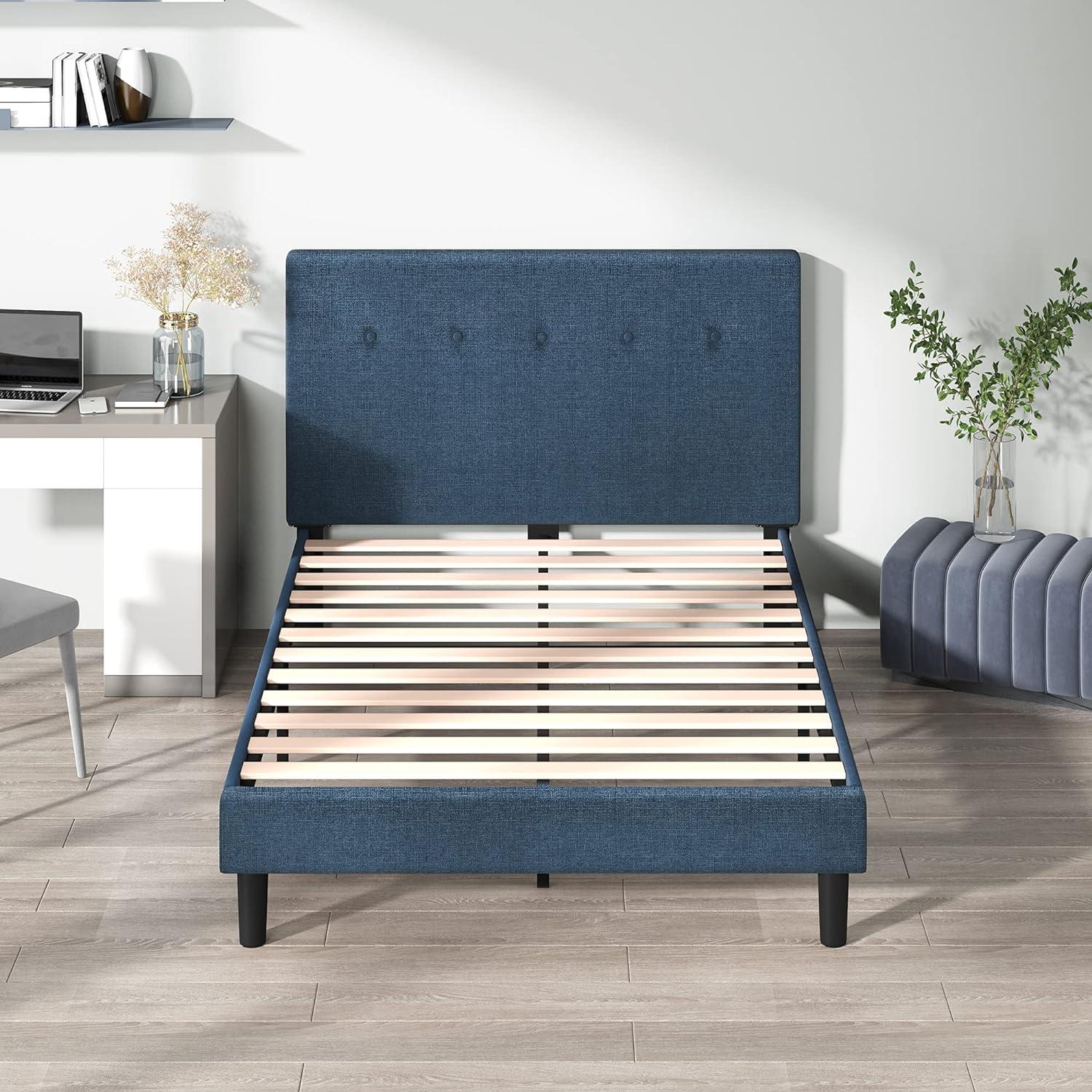 Navy Upholstered Queen Platform Bed with Tufted Headboard