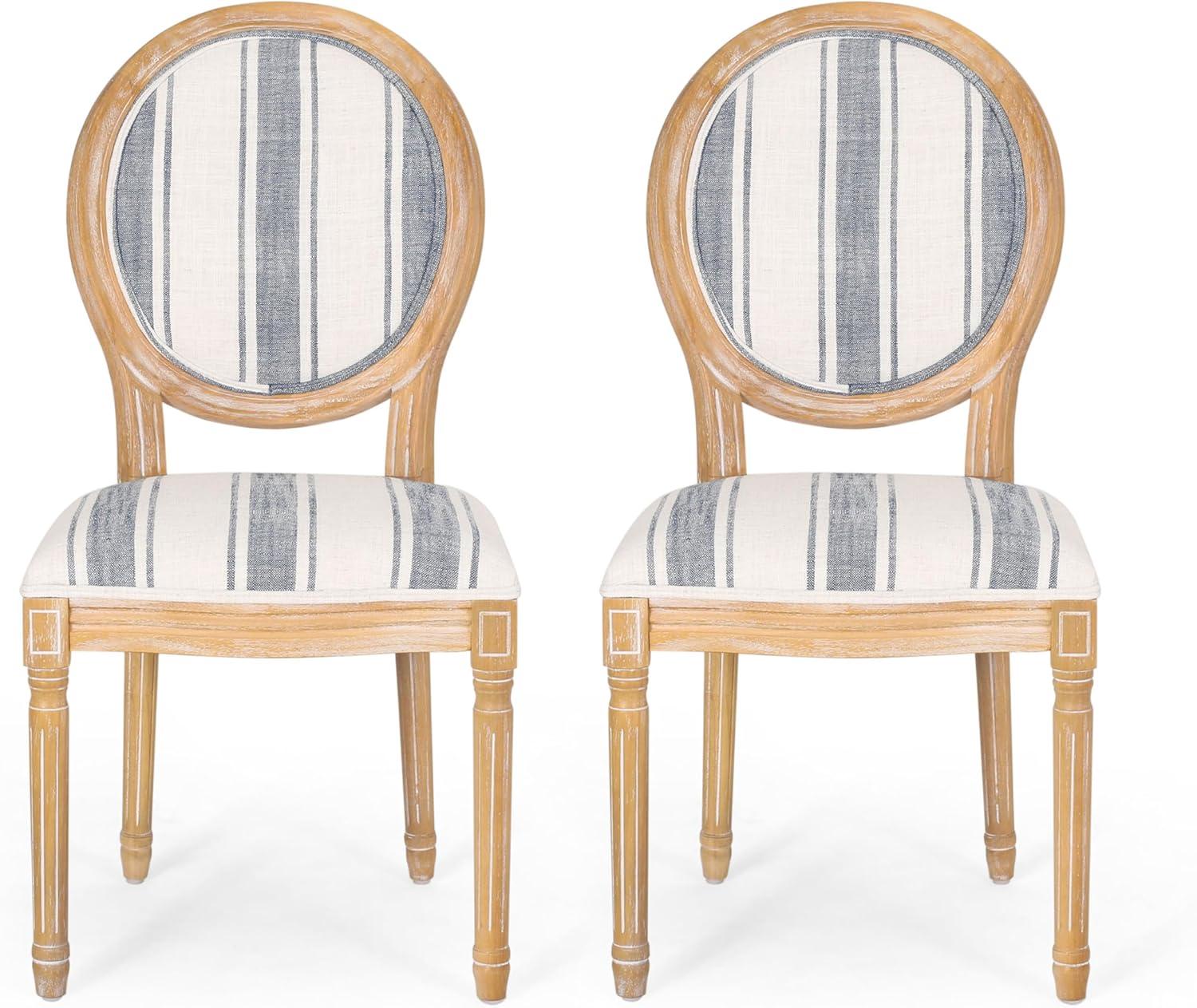 Set of 2 French Country Dark Blue Striped Upholstered Dining Chairs