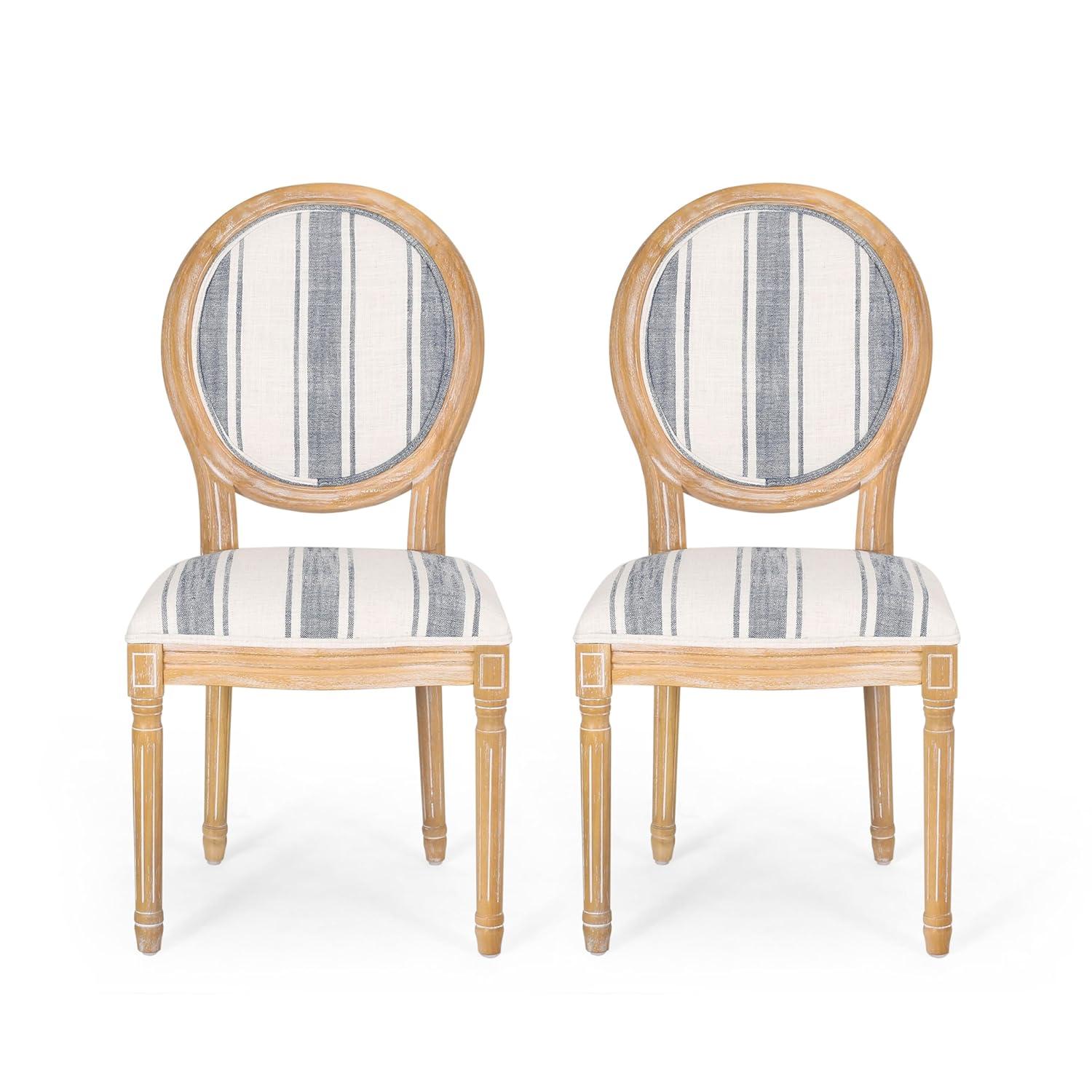 Set of 2 French Country Dark Blue Striped Upholstered Dining Chairs