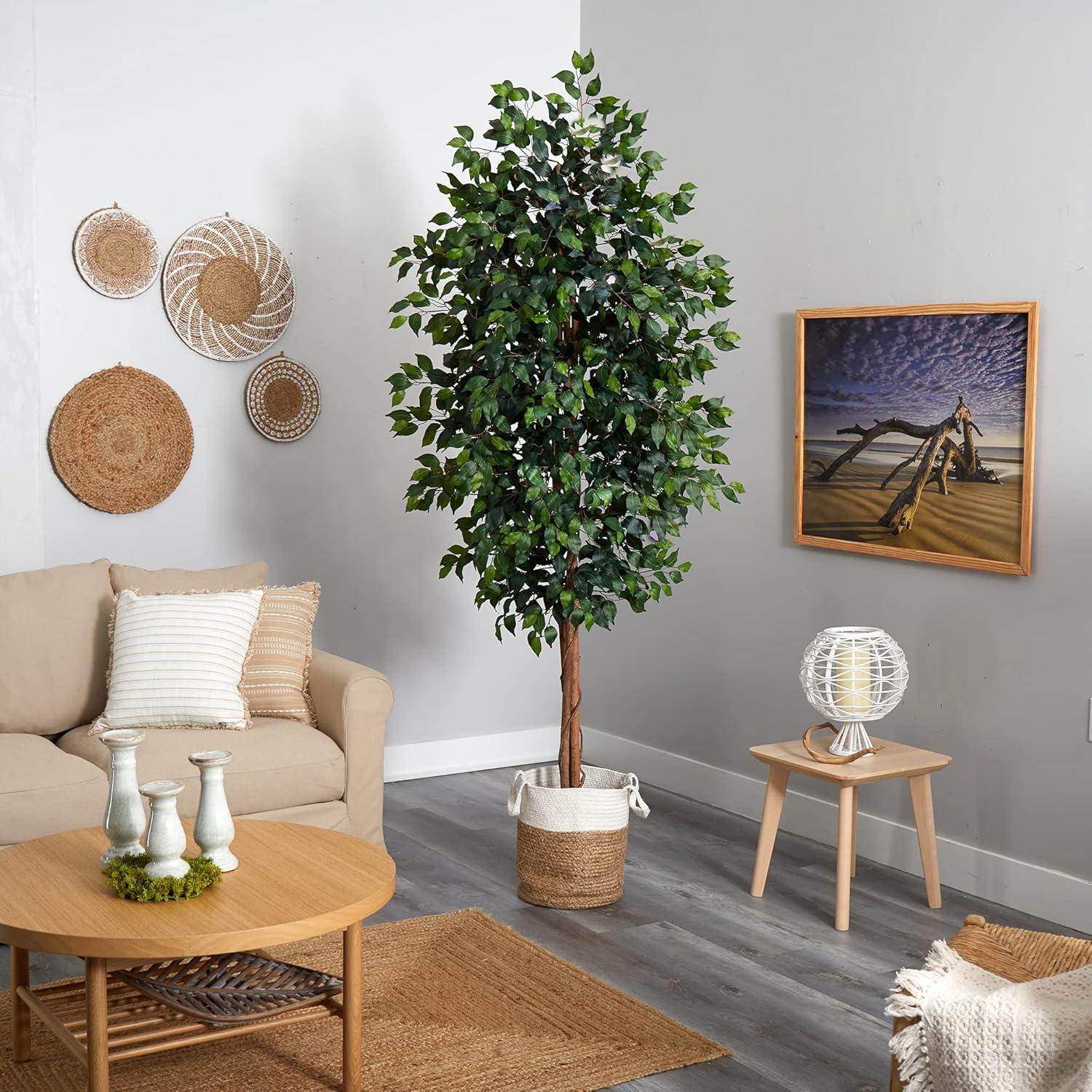 Nearly Natural 8-ft Ficus Artificial Tree with Handmade Natural Jute and Cotton Planter