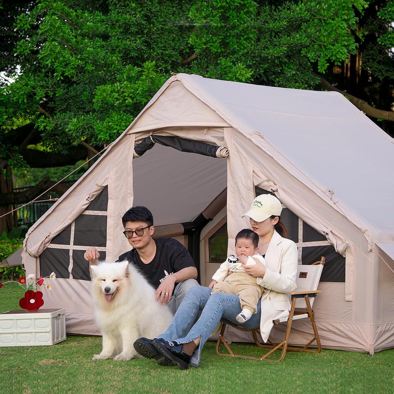 6-Person Beige Inflatable Cabin Tent with Carry Bag