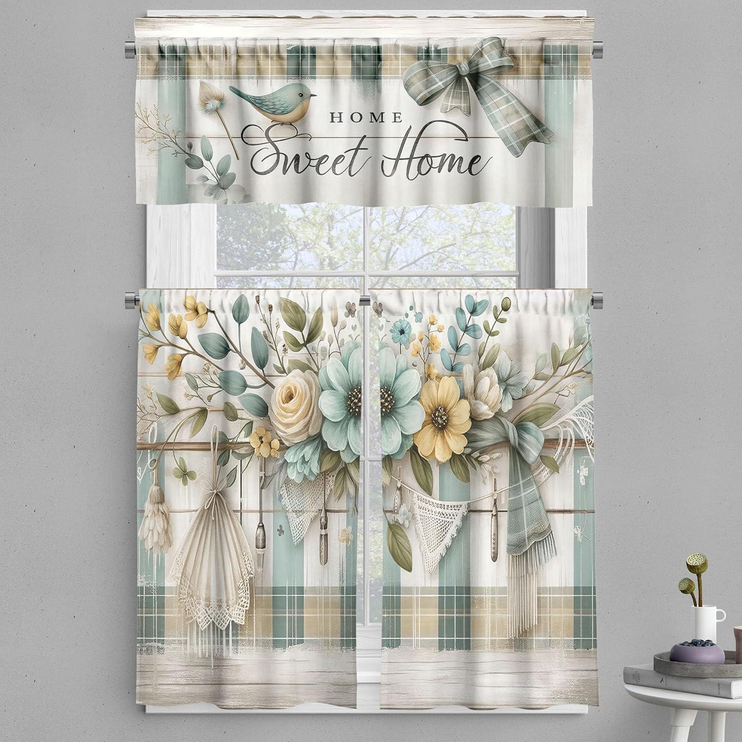 Floral Mint Green and Khaki Polyester Kitchen Curtain Set