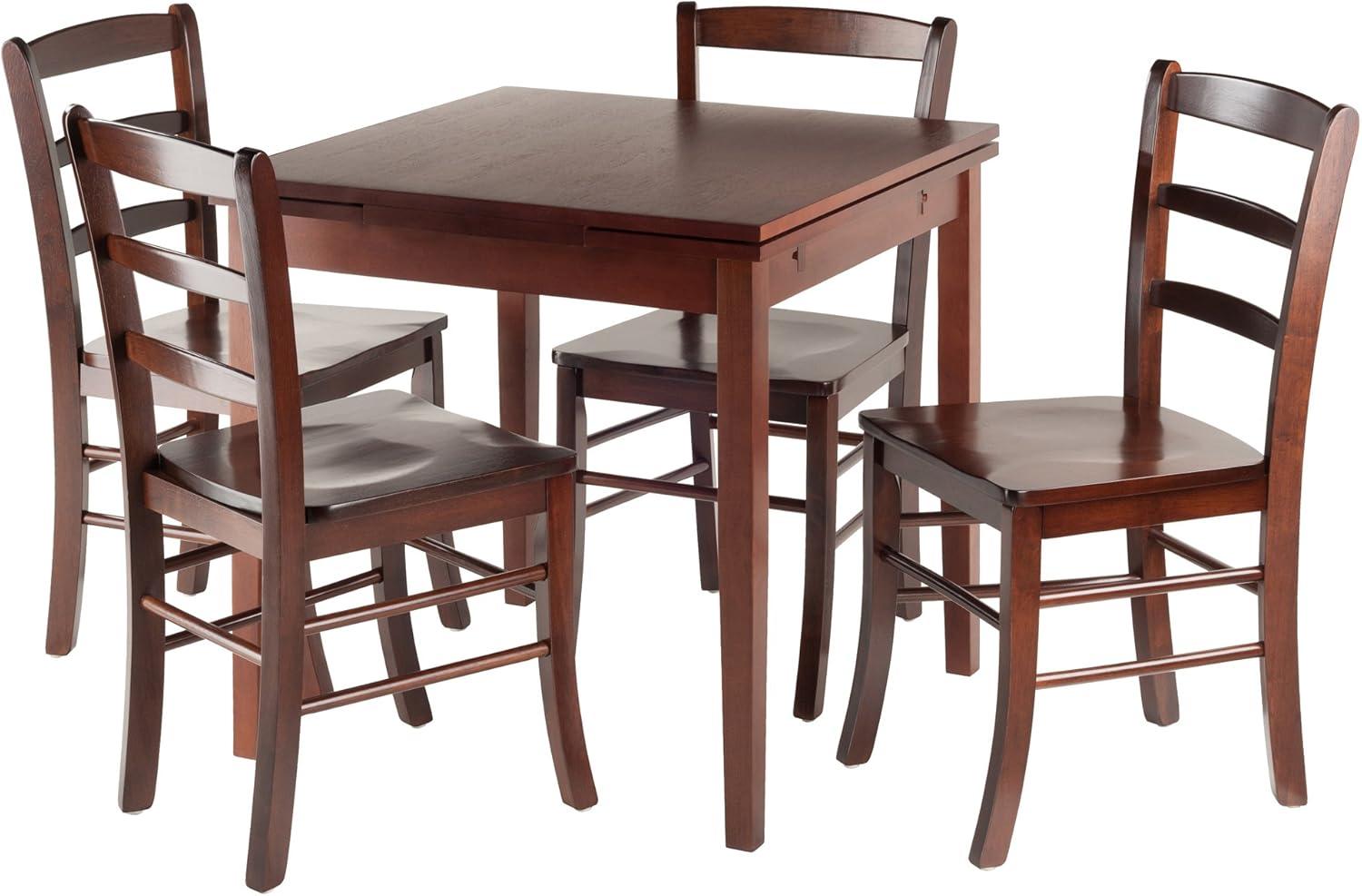 5pc Pulman Dining Set with Ladder Back Chairs Wood/Walnut - Winsome: Mid-Century Modern, Square Table, 4 Stools