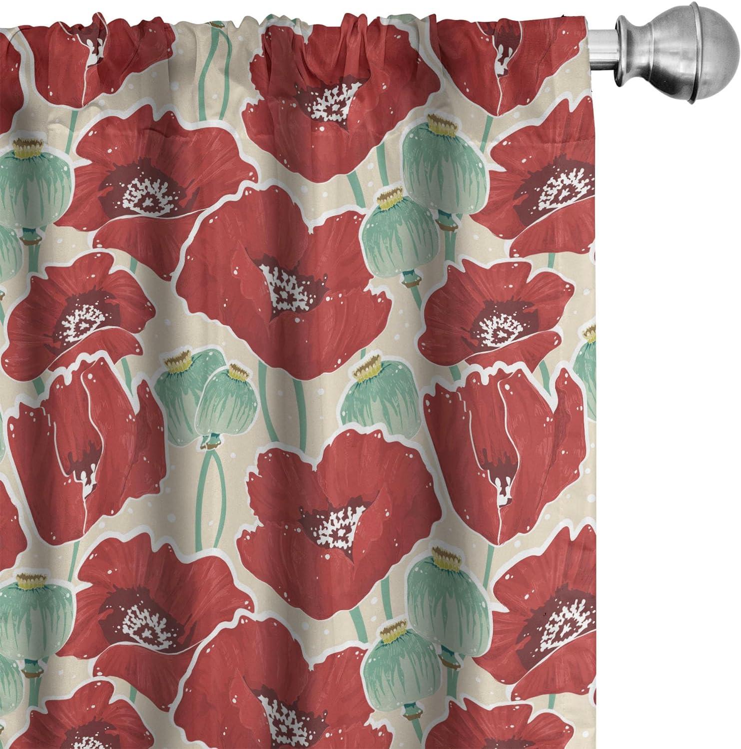 Red Poppy Flower Print Microfiber Curtain Panels, 28" x 84"