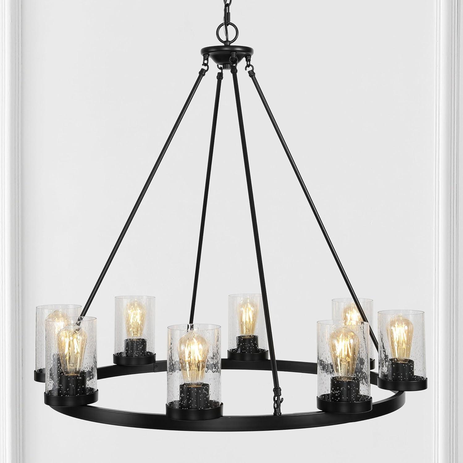 JONATHAN Y JYL7554A Coronet 33.5" 8-Light Iron/Seeded Glass Rustic Farmhouse Round LED Chandelier, Industrial, Vintage for living room, dinning room, bedroom Bulb Included, Oil Rubbed Bronze