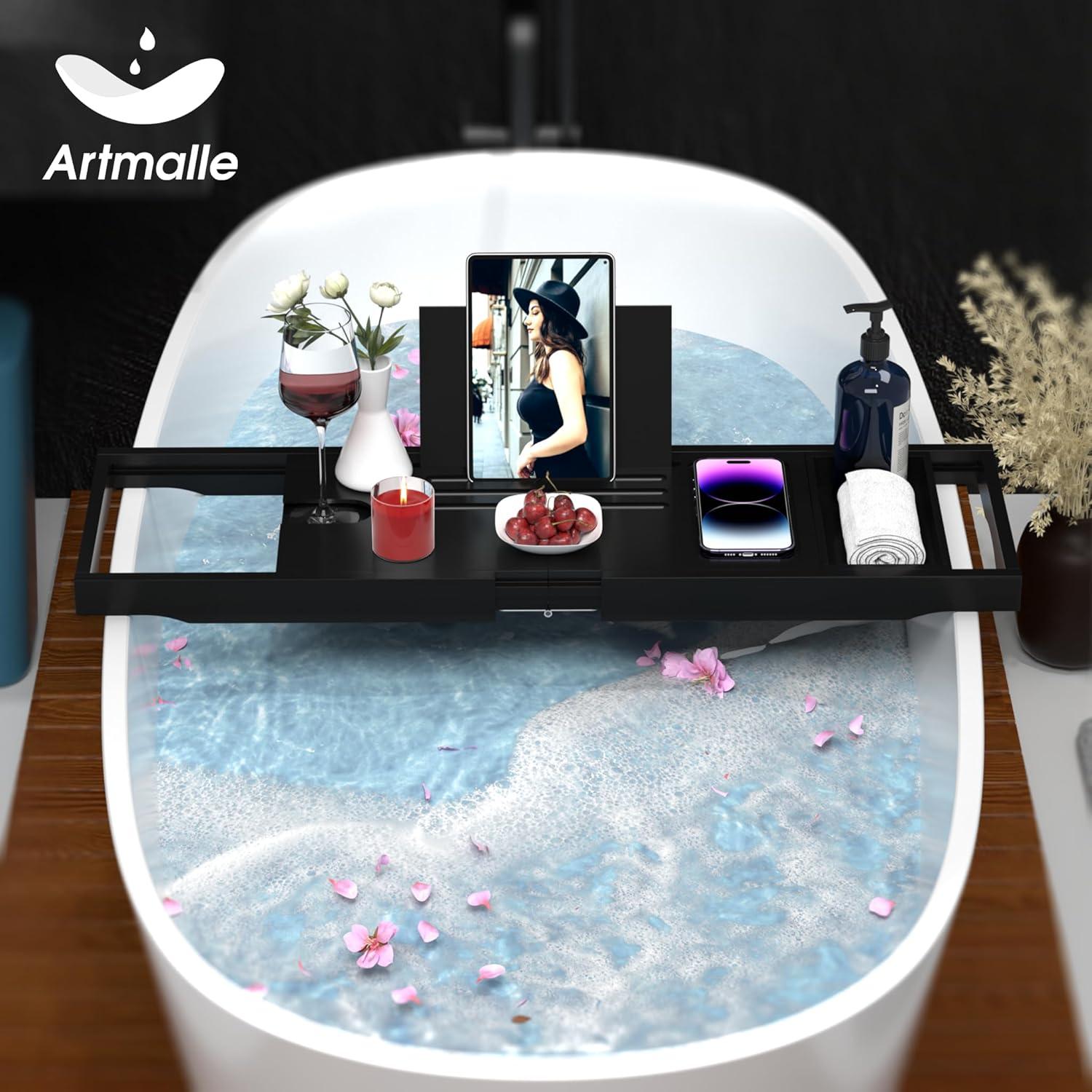 Premium Bathtub Caddy Tray,Expandable Bamboo Bath Tray for Tub,Foldable Minimalist Bathroom Accessories with Book Stand for Home Spa Relaxing,Unique House Warming Gifts,Natural