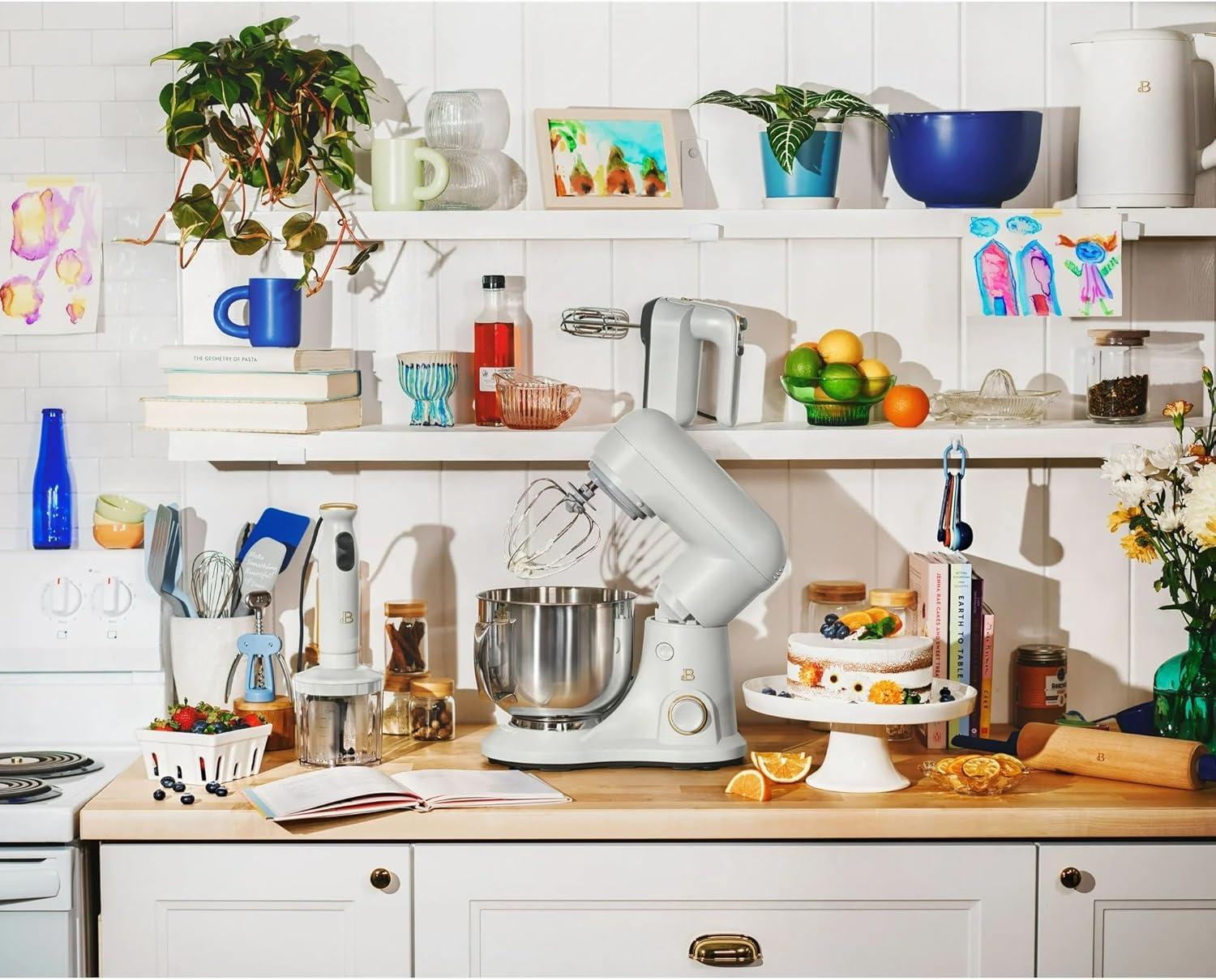 Beautiful 5.3 Qt Stand Mixer, White Icing with Flat Beater, Dough Hook, Balloon Whisk