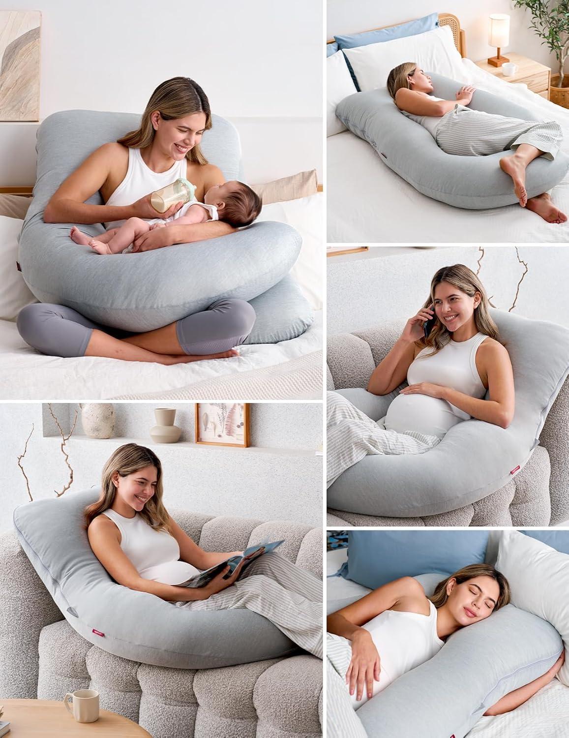 Momcozy Pregnancy Pillows with Cooling Cover, U-Shaped Full Body Maternity Pillow for Side Sleepers 57 inch Gray