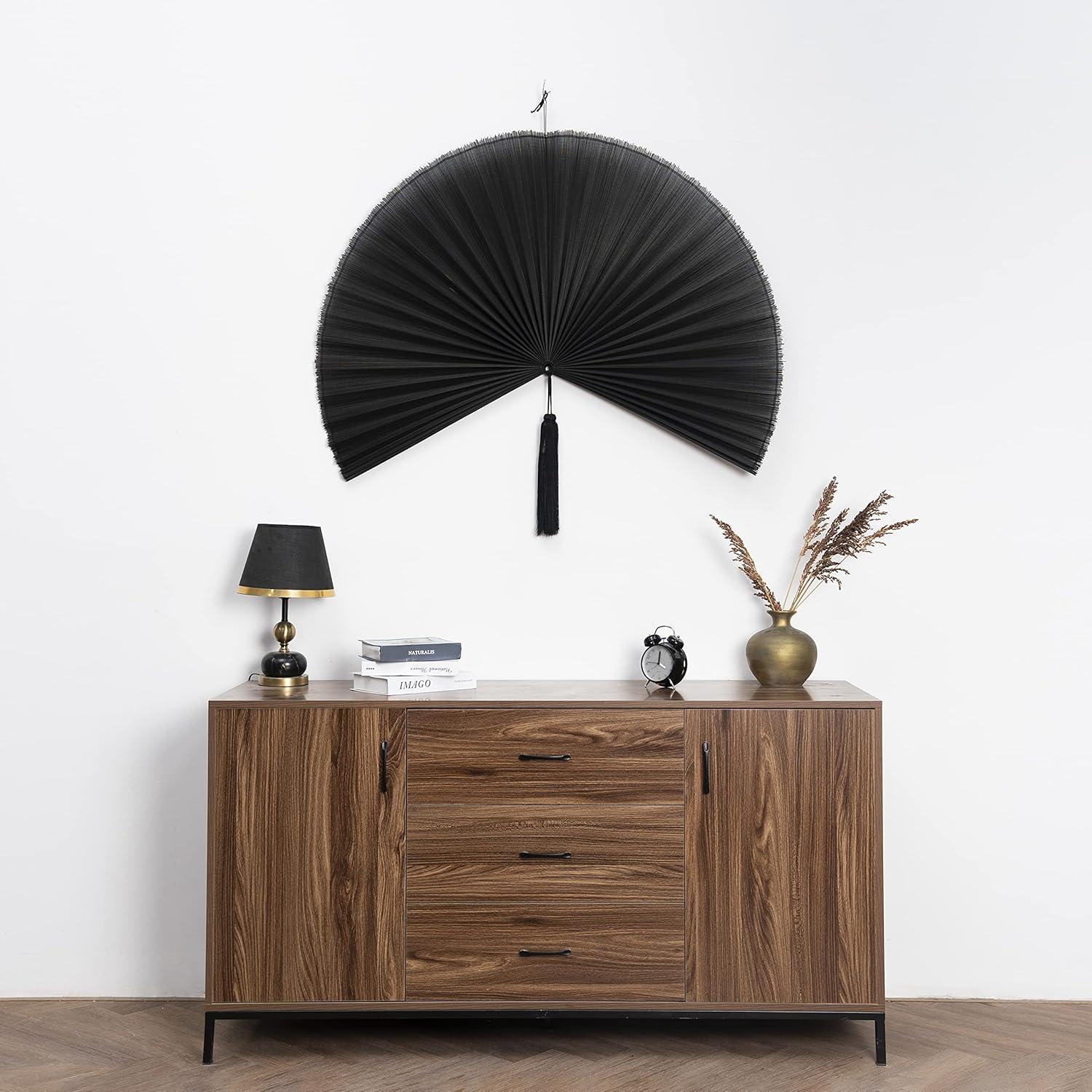 KOLWOVEN Rustic Fan Wall Decor - Bedroom Wall Decor Above Bed - Headboard, Wall Pediment, Mantle, Fireplace Decor - Giant Bamboo Fan - Wall Art Home Decoration (Extra Large 47''x24'', Black)