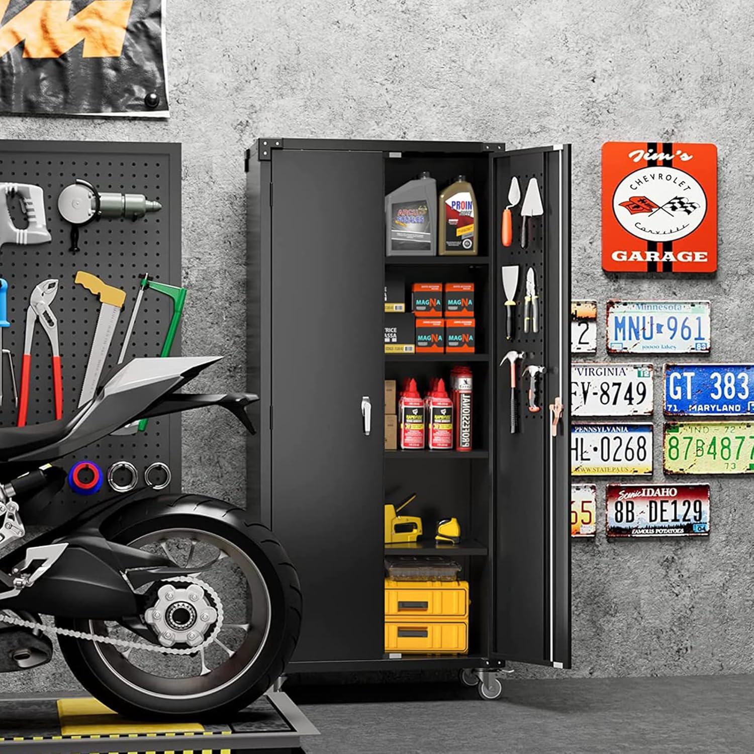 AOBABO 72 Inch Locking Metal Garage Storage Cabinet with Universal Rubber Wheels with Lockable Casters, Pegboards, and Magnetic Doors, Black