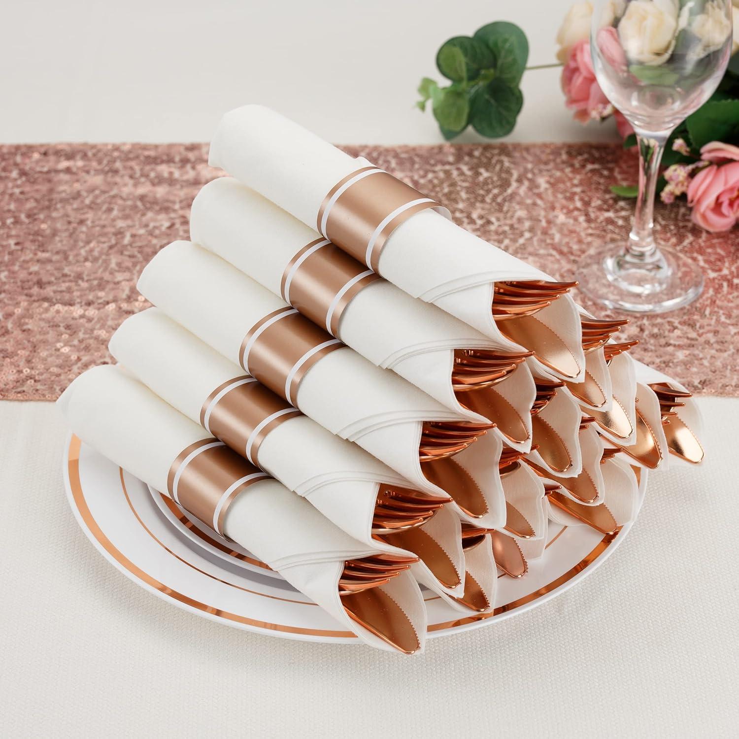 SparkSettings Rose Gold Plastic Silverware, 50 Pre Rolled Napkin and Cutlery Set