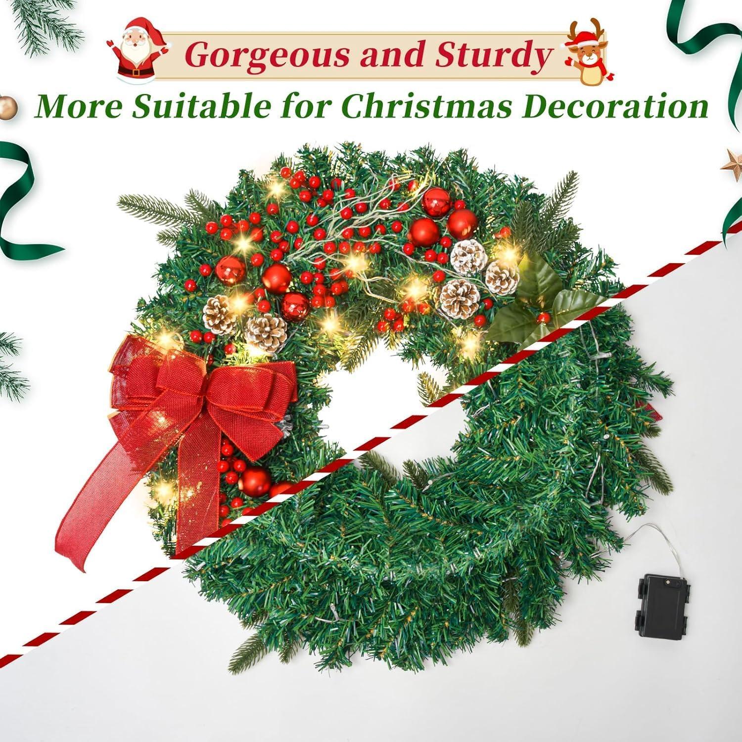 24in Prelit Christmas Wreath Battery Operated 50 Multicolored Lights with Pinecone and Red Berries, Lifelike Snow