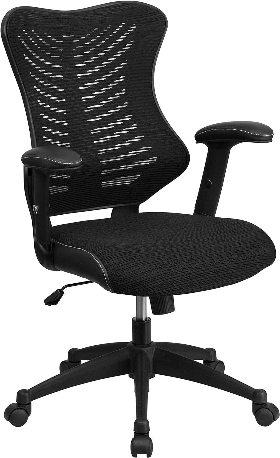 Contemporary High-Back Black Mesh & Leather Executive Office Chair with Adjustable Arms