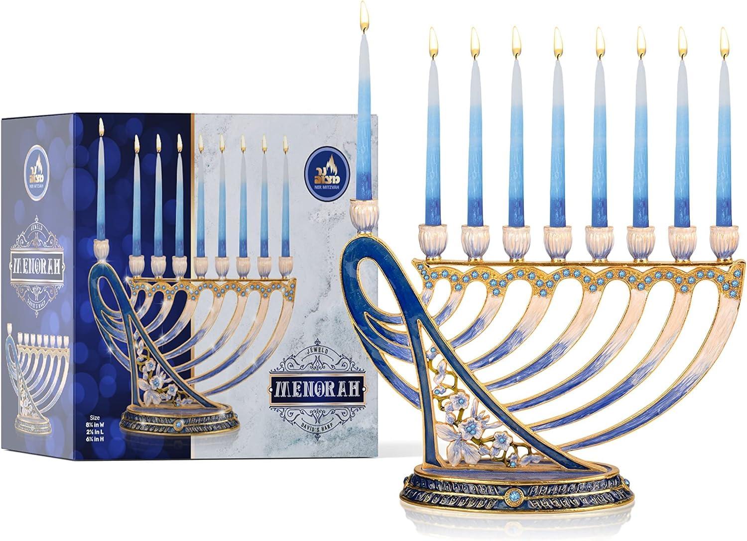 Hanukkah Menorah - Fits All Standard Chanukah Candles - Modern Jeweled Candle Menorahs for Chanukah - David's Harp