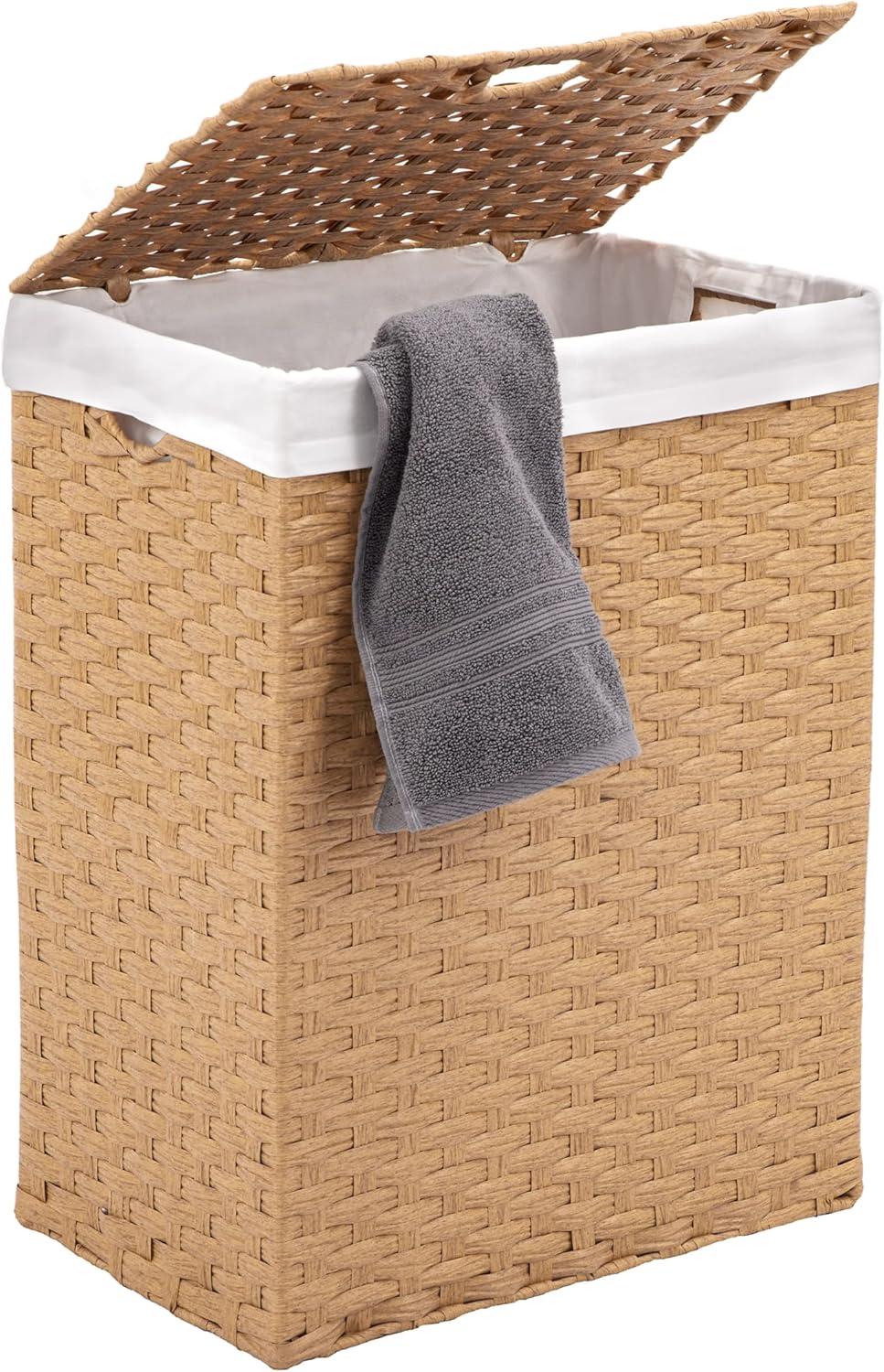 Seville Classics Handwoven Lidded Removable Washable Canvas Liner Portable Laundry Hamper Bin, Tan