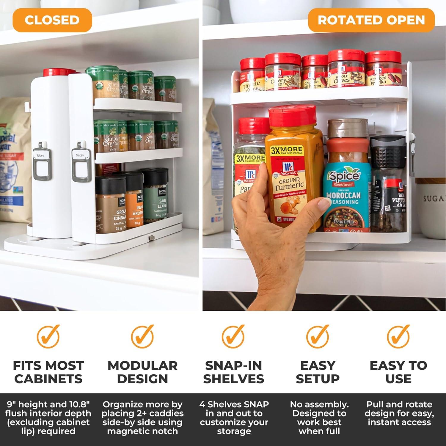 Cabinet Caddy SNAP! Spice Rack Organizer for Cabinet - Slide & Rotate Seasoning Organizer - 3 Snap-In Adjustable Shelves for 5 Tier of Storage - Magnetic Modular Design - 8.9”H x 6.1”W x 10.8”D