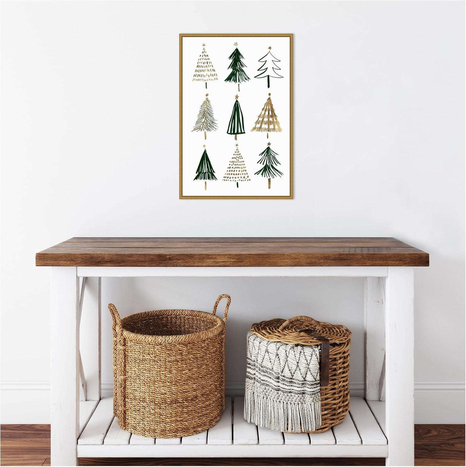 Evergreen Trees Gold and Green Canvas Print with Gold Frame