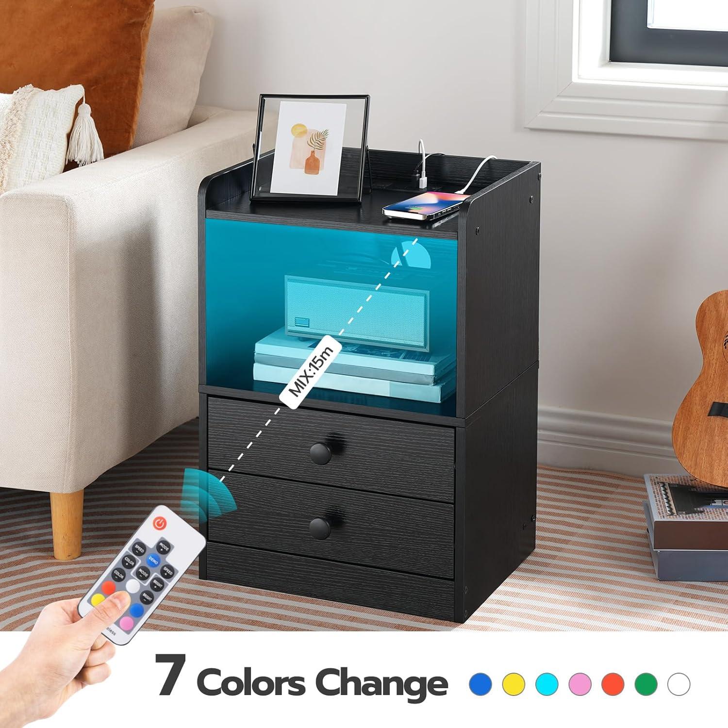 Black Modern Nightstand with LED Lights and Charging Station