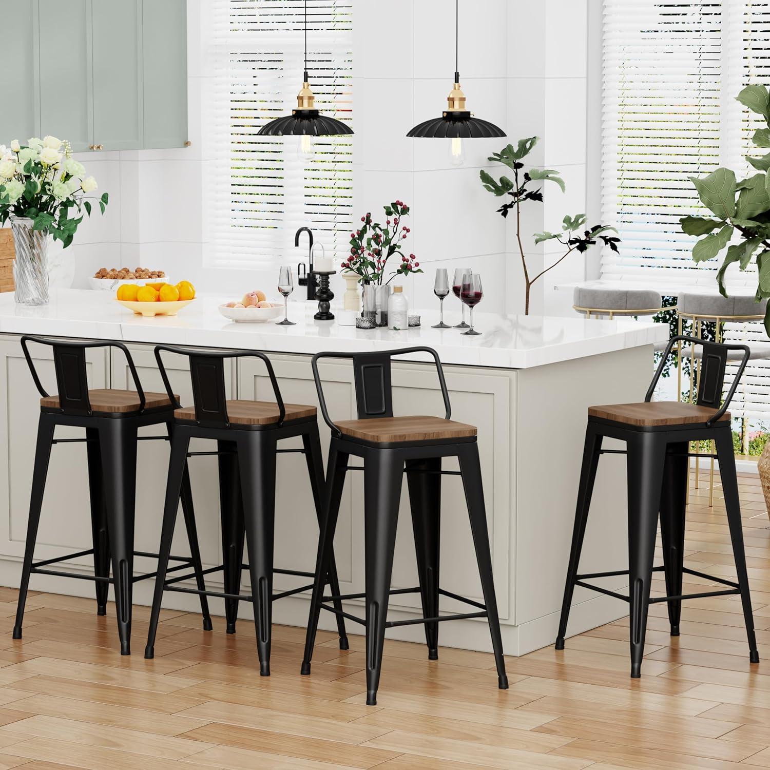 Matte Black Industrial Metal Bar Stools with Wood Seat, Set of 4