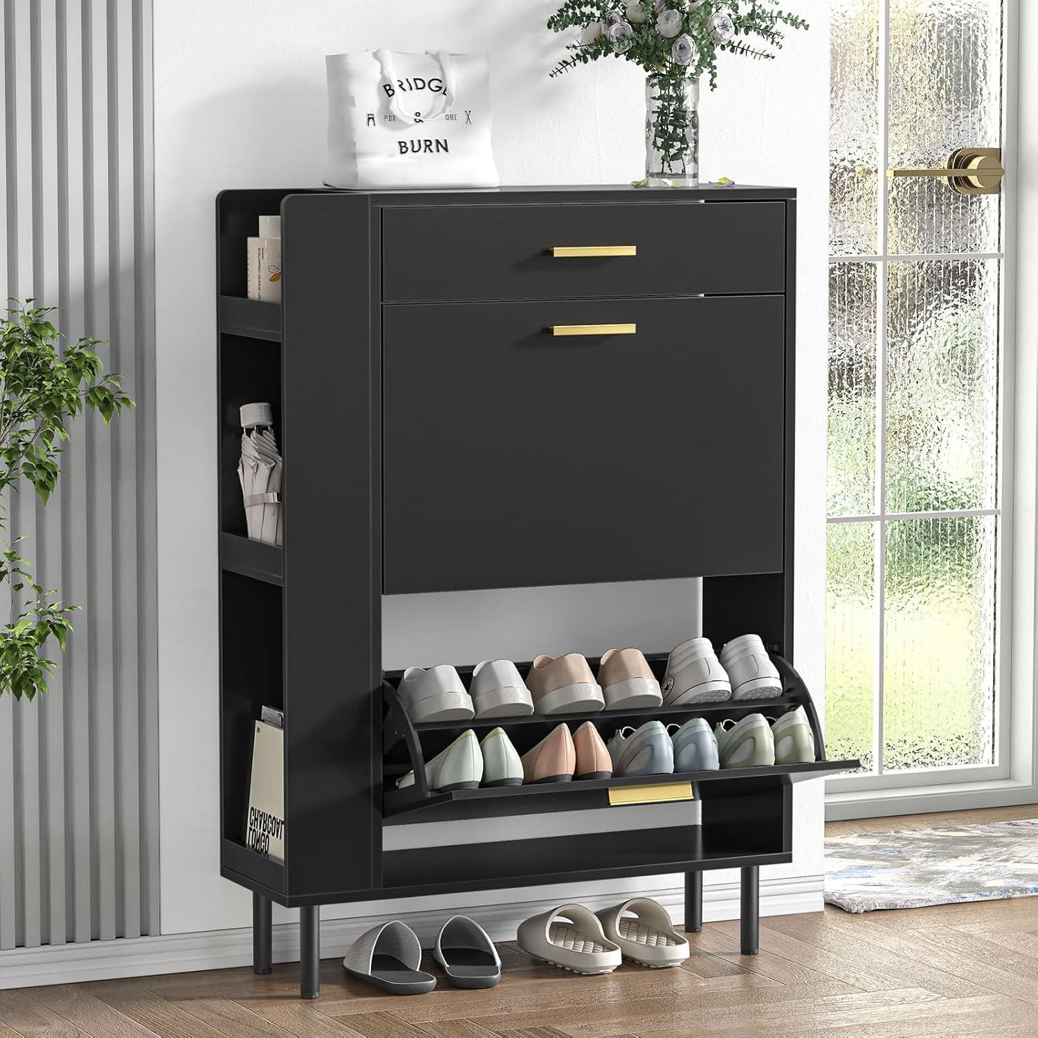 Shoe Cabinet Storage for Entryway  Freestanding Slim Shoe Organizer Cabinet with 2 Flip Drawers  Narrow Shoe Rack with Open Shelves for Hallway  Living Room  White