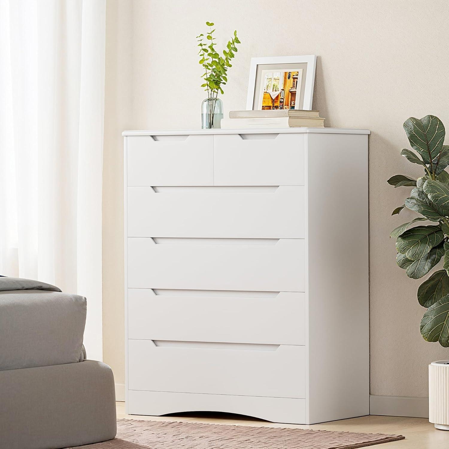 Homfa 6 Drawer White Dresser, Vertical Chest of Drawers Wood Storage Cabinet for Bedroom Living Room