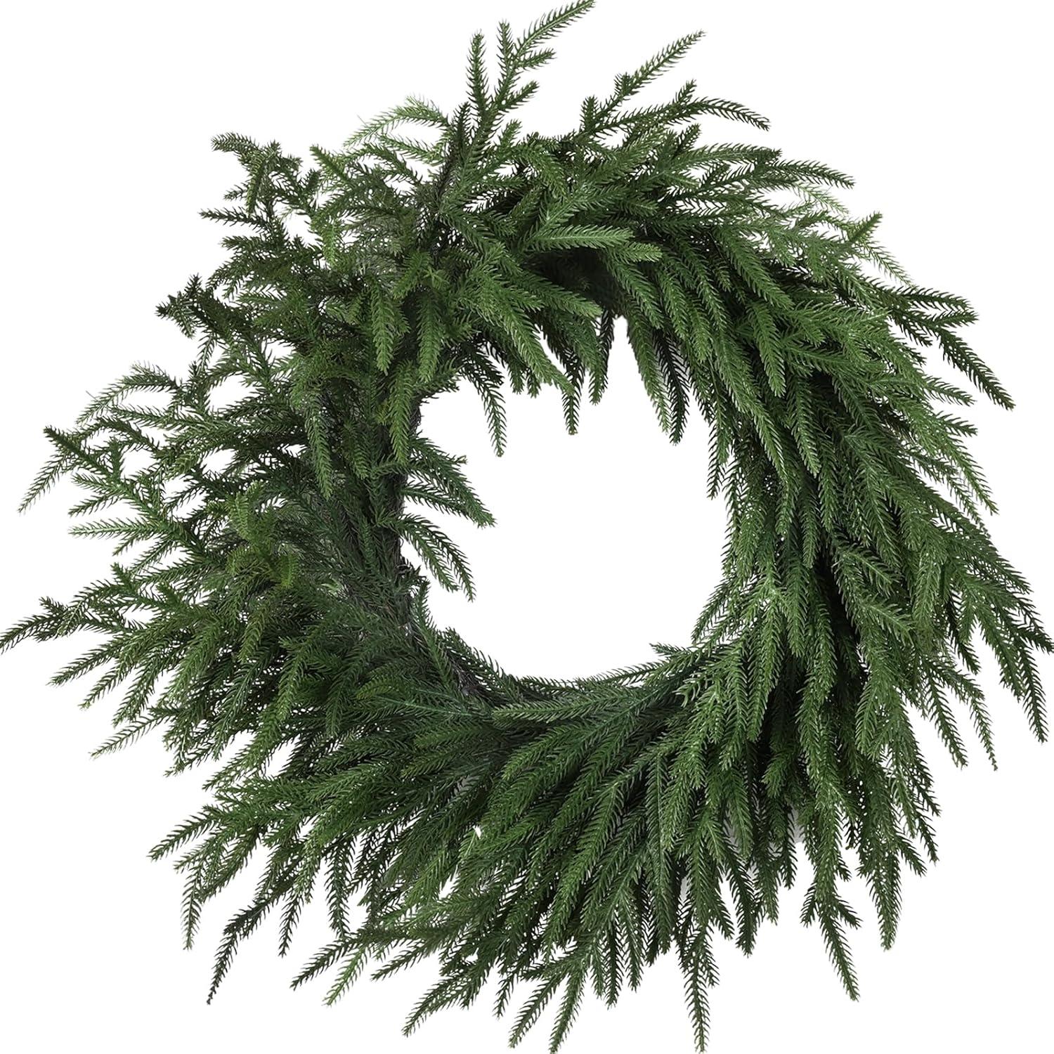 MUYIER 24" Real Touch Norfolk Pine Wreath for Front Door Artificial Christmas Wreath Green Faux Pine Wreath