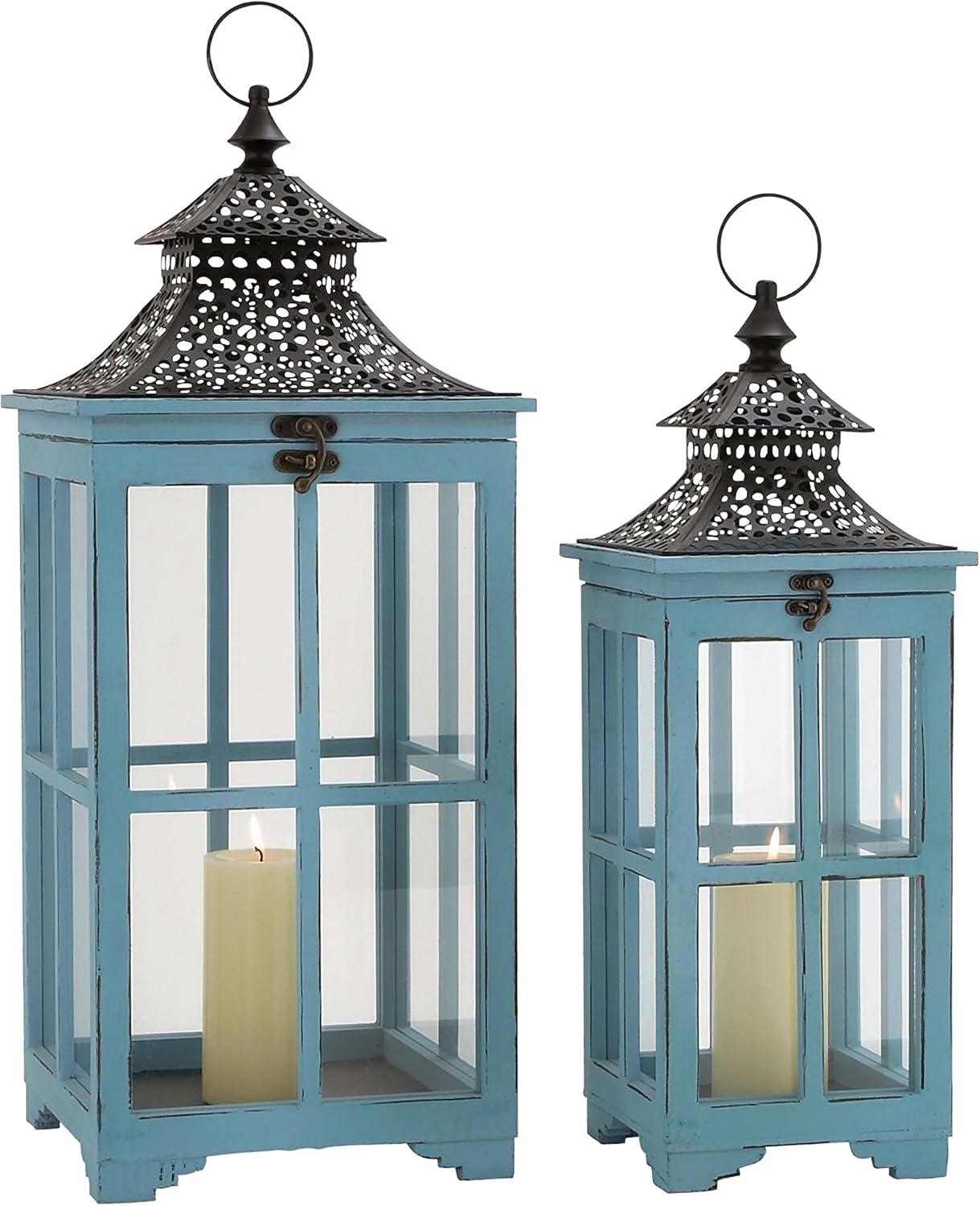 DecMode 2 Holder Blue Wood Lighthouse Style Decorative Candle Lantern, Set of 2