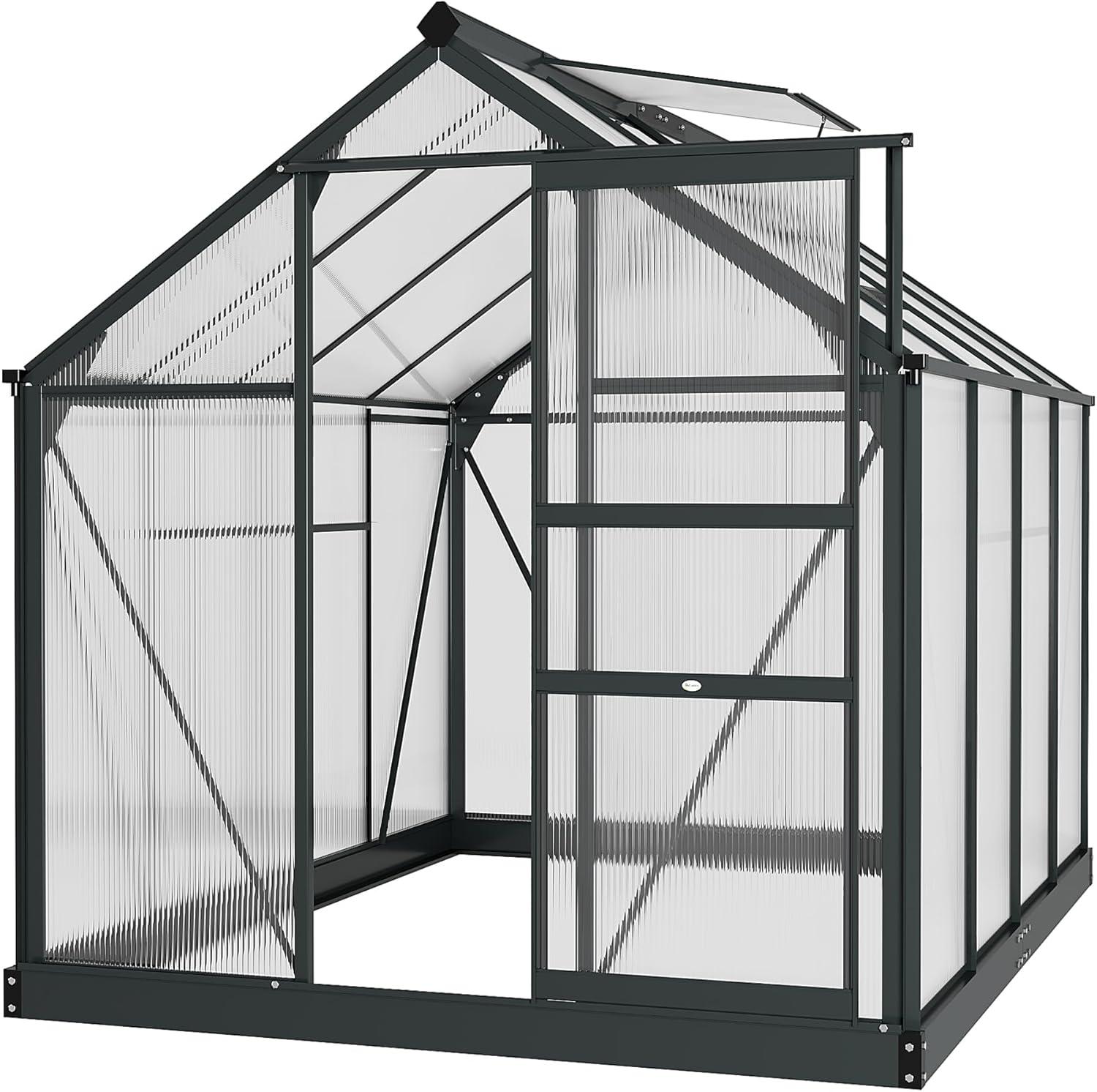 Outsunny 6' x 8' Greenhouse for Outdoors, Polycarbonate Greenhouse with Rain Gutter and Roof Vent, Aluminum Walk-in Green Houses for Outside for Patio Backyard Garden, Gray