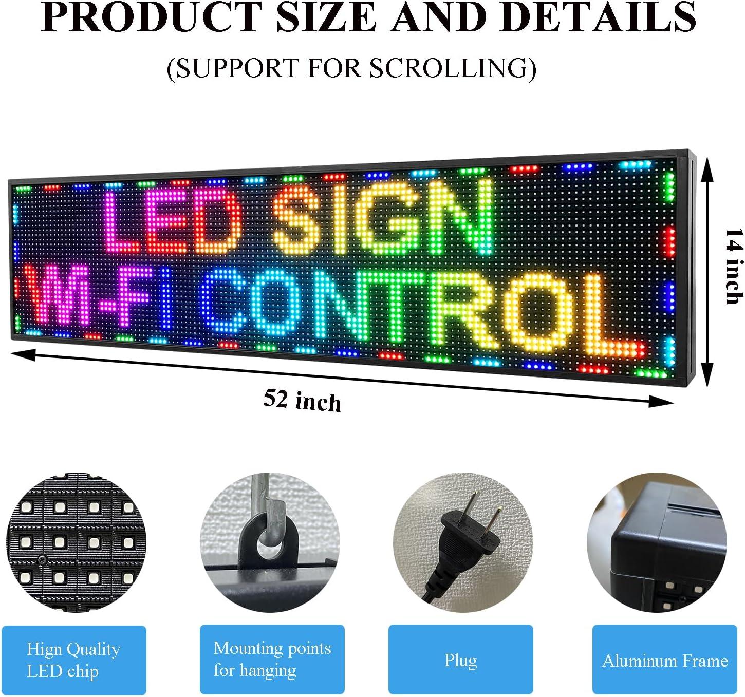 KFFKFF 52"x8" Full-Color Programmable LED Sign Scrolling Display Board P10 WIFI USB Control Message Shop Sign for Store Business Party Bar Advertising