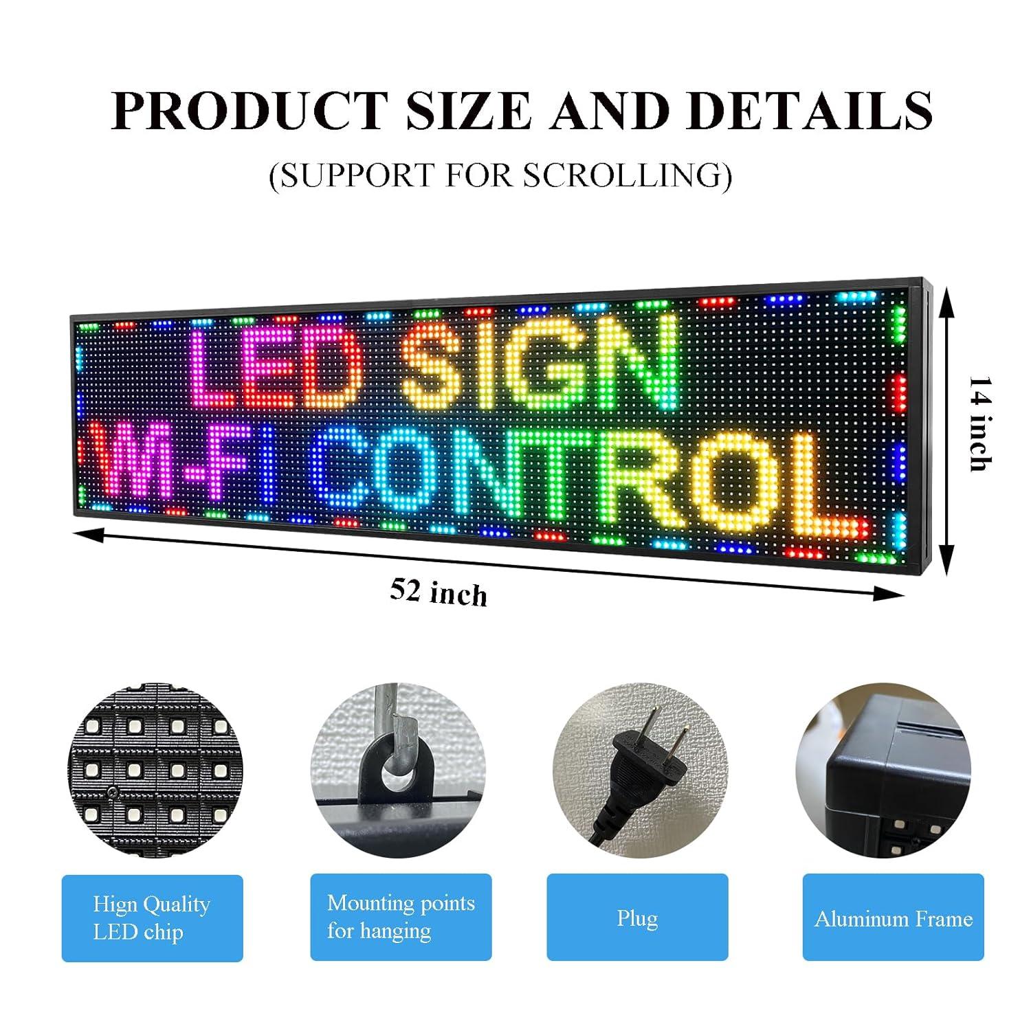 KFFKFF 52"x8" Full-Color Programmable LED Sign Scrolling Display Board P10 WIFI USB Control Message Shop Sign for Store Business Party Bar Advertising