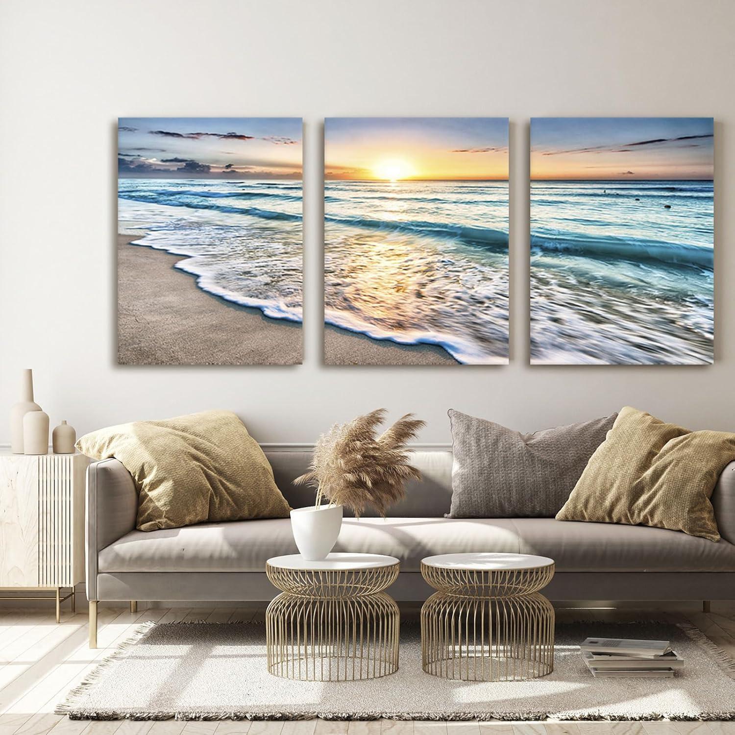 Asdg12s-3 Panel Wall Art Blue Sea Sunset White Beach Painting The Picture Print On Canvas Seascape The Pictures for Home Decor Decoration,Ready to Hang