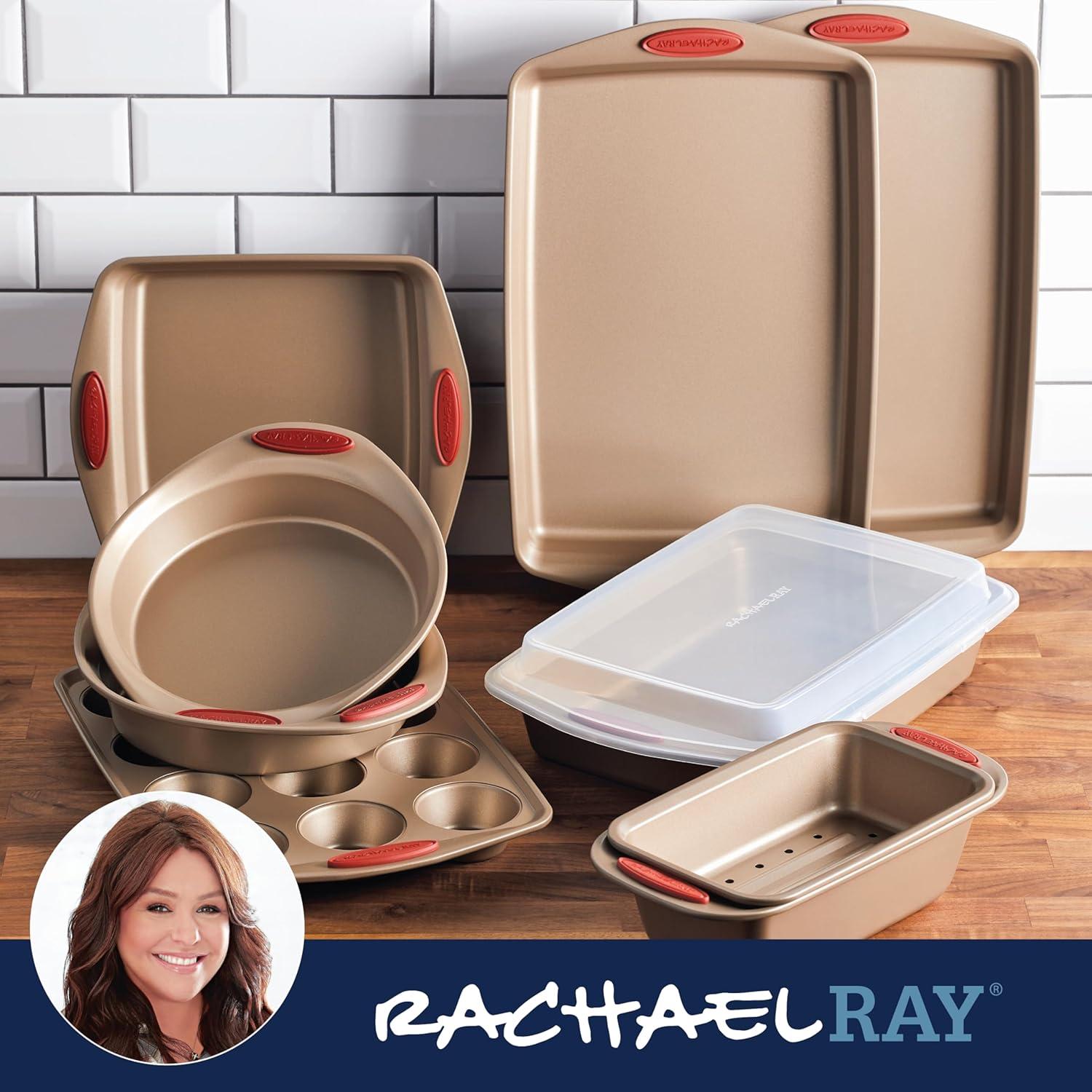 Rachael Ray Cucina Nonstick Bakeware Baking Pans Set, 10 Piece, Latte Brown and Cranberry Red