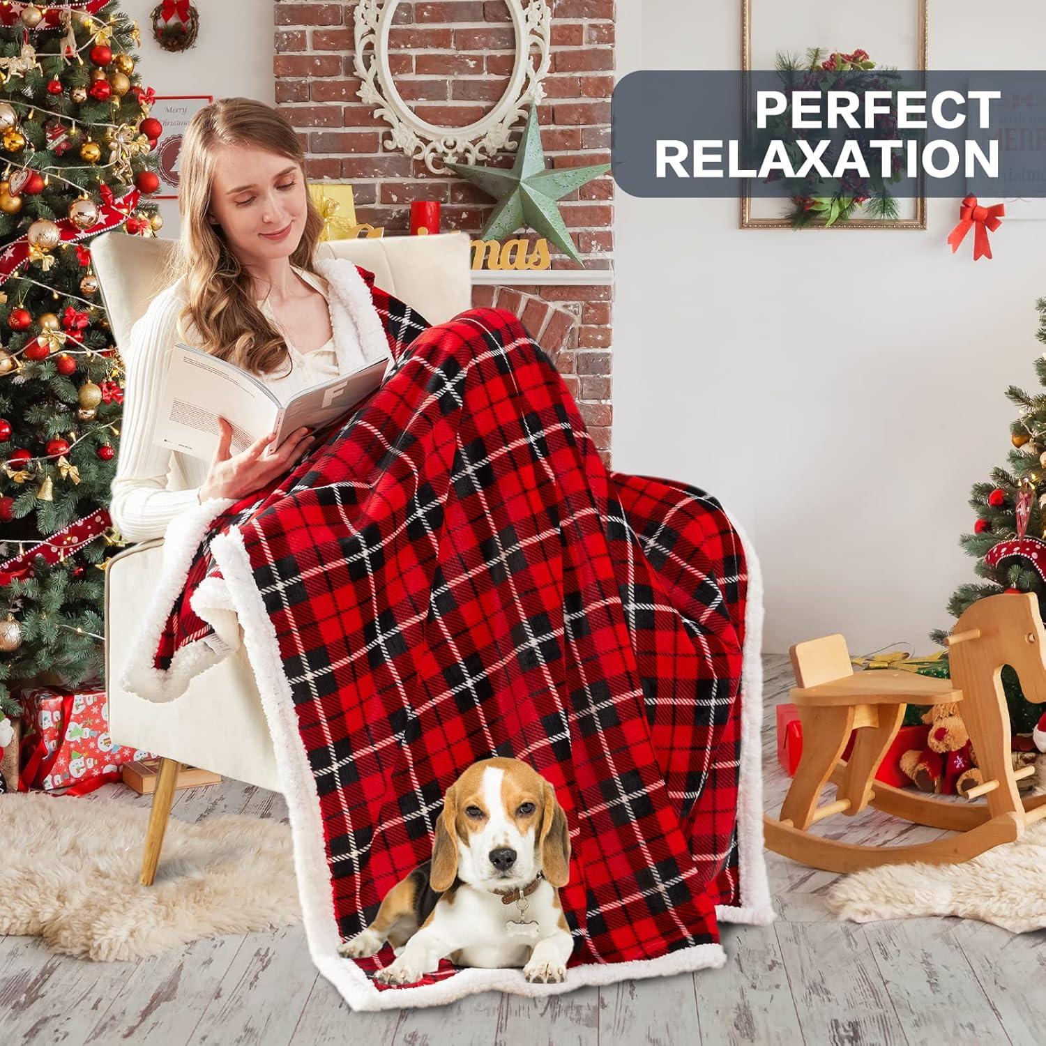 Red Plaid Sherpa Fleece Reversible Throw Blanket