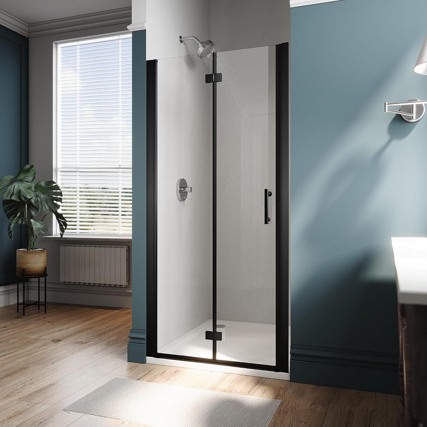 Sunny Shower Bifold Pivot Swing Frameless Shower Door in Black 34 in.W x 72 in.H